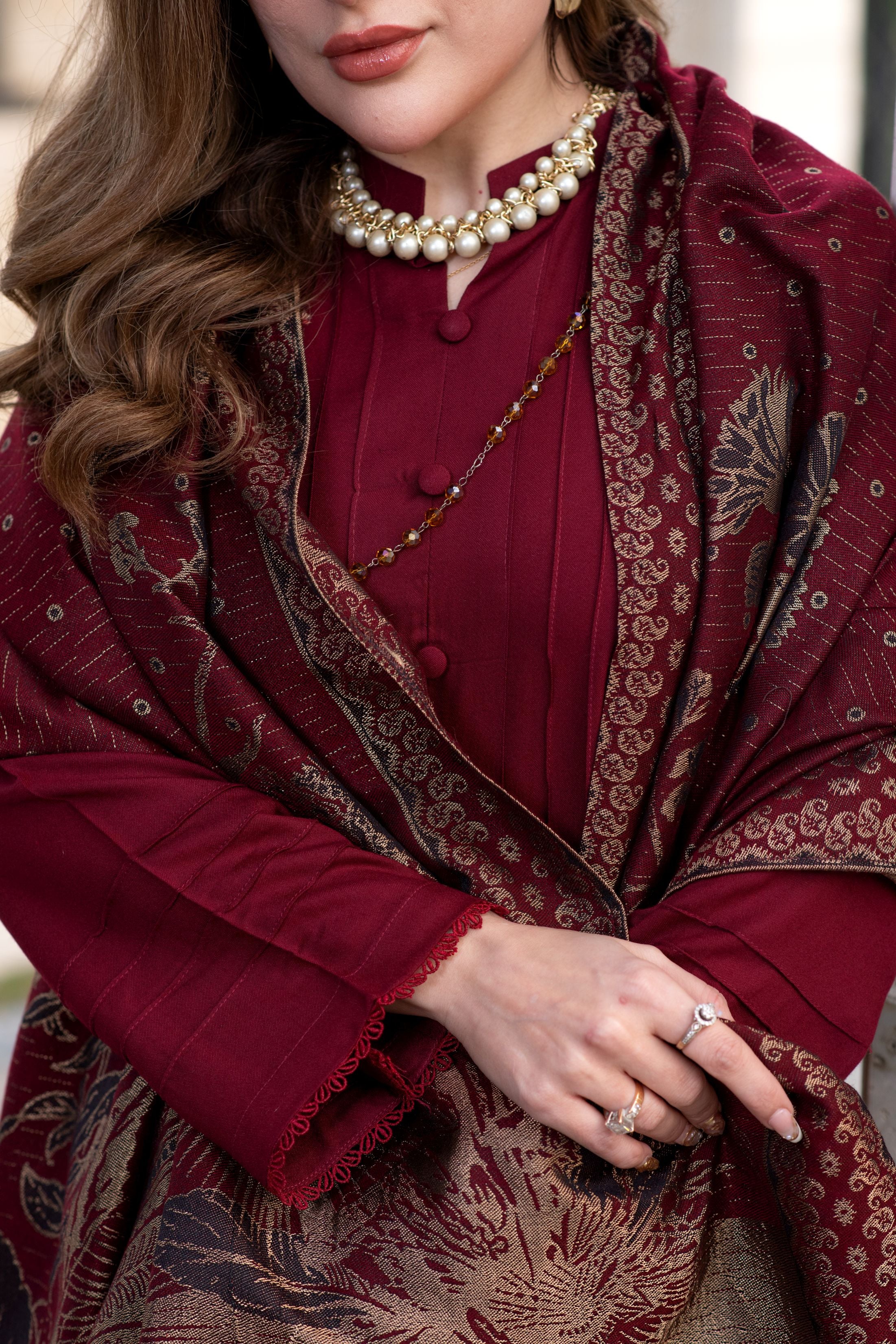 Aurum by Gul Warun – Maroon Multani Shawl Dhanak 3pc Suit GA1