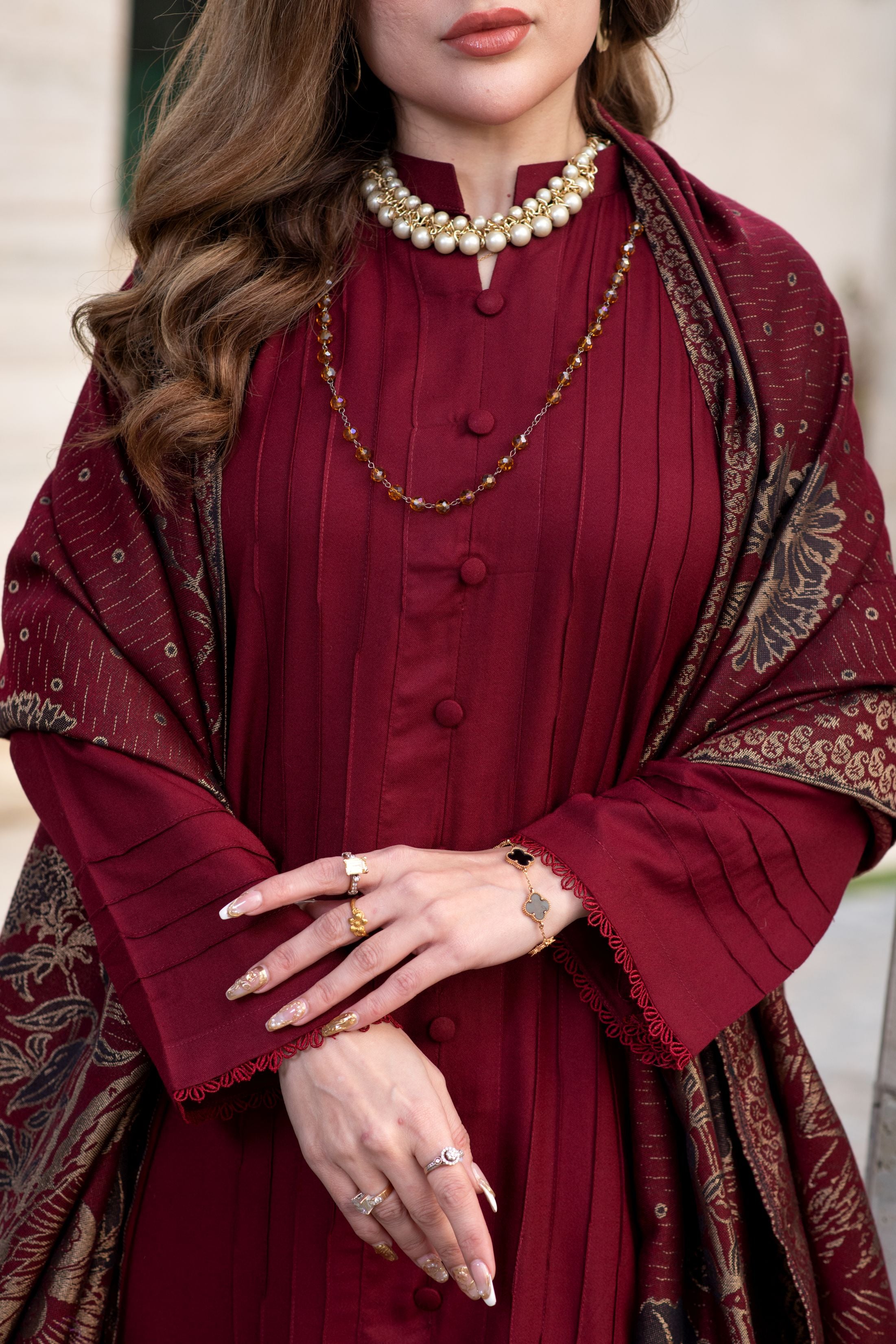 Aurum by Gul Warun – Maroon Multani Shawl Dhanak 3pc Suit GA1