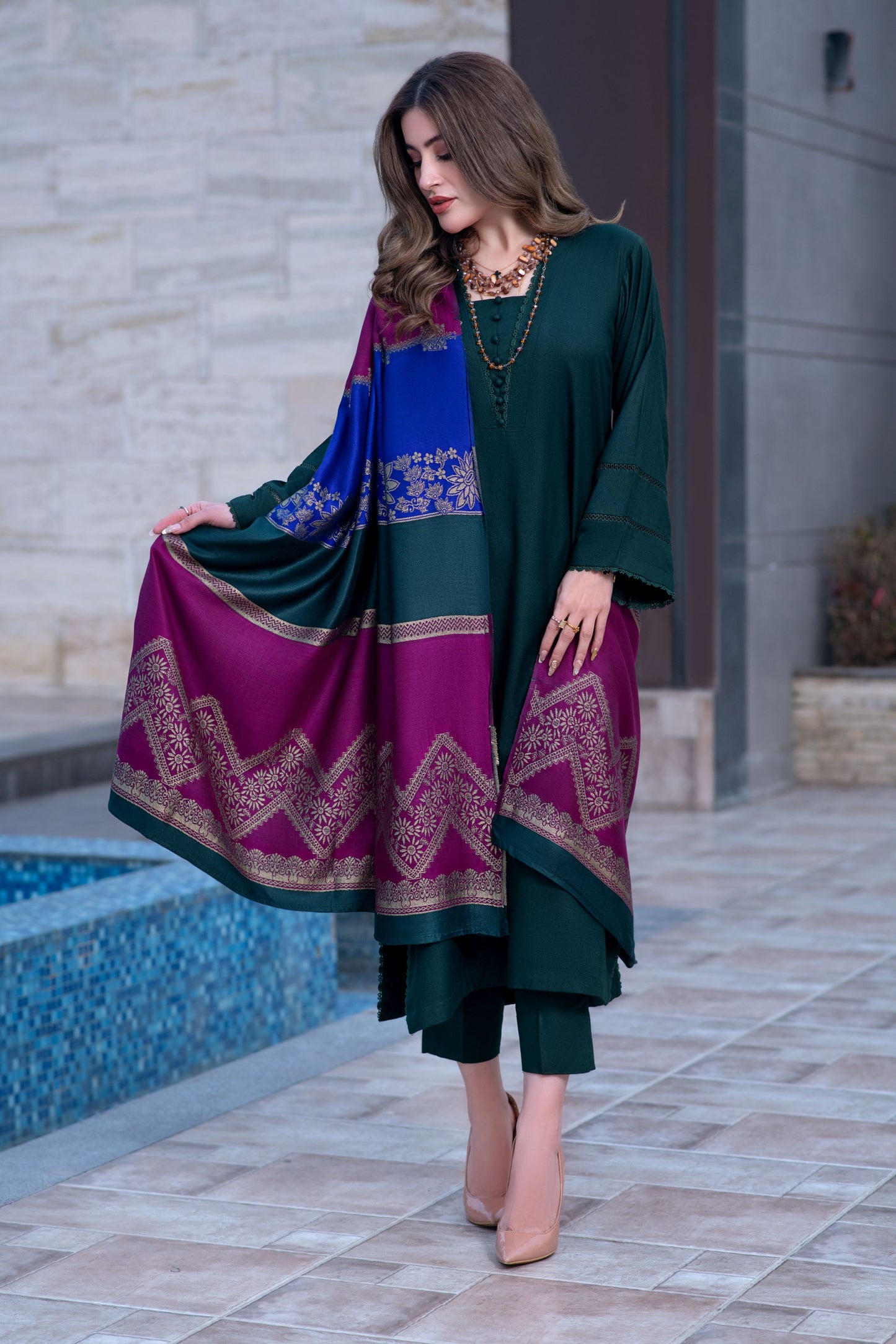 Aurum by Gul Warun – Emerald Multani Shawl Dhanak 3pc Suit GA2