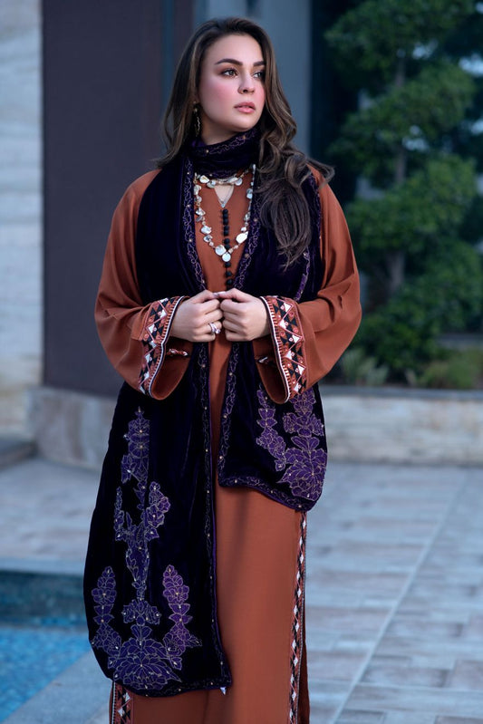 Embroidered Velvet Stole for Women – Purple VS11