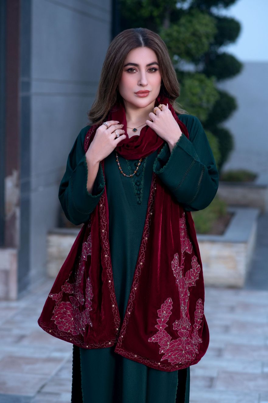 Embroidered Velvet Stole for Women – Maroon VS10