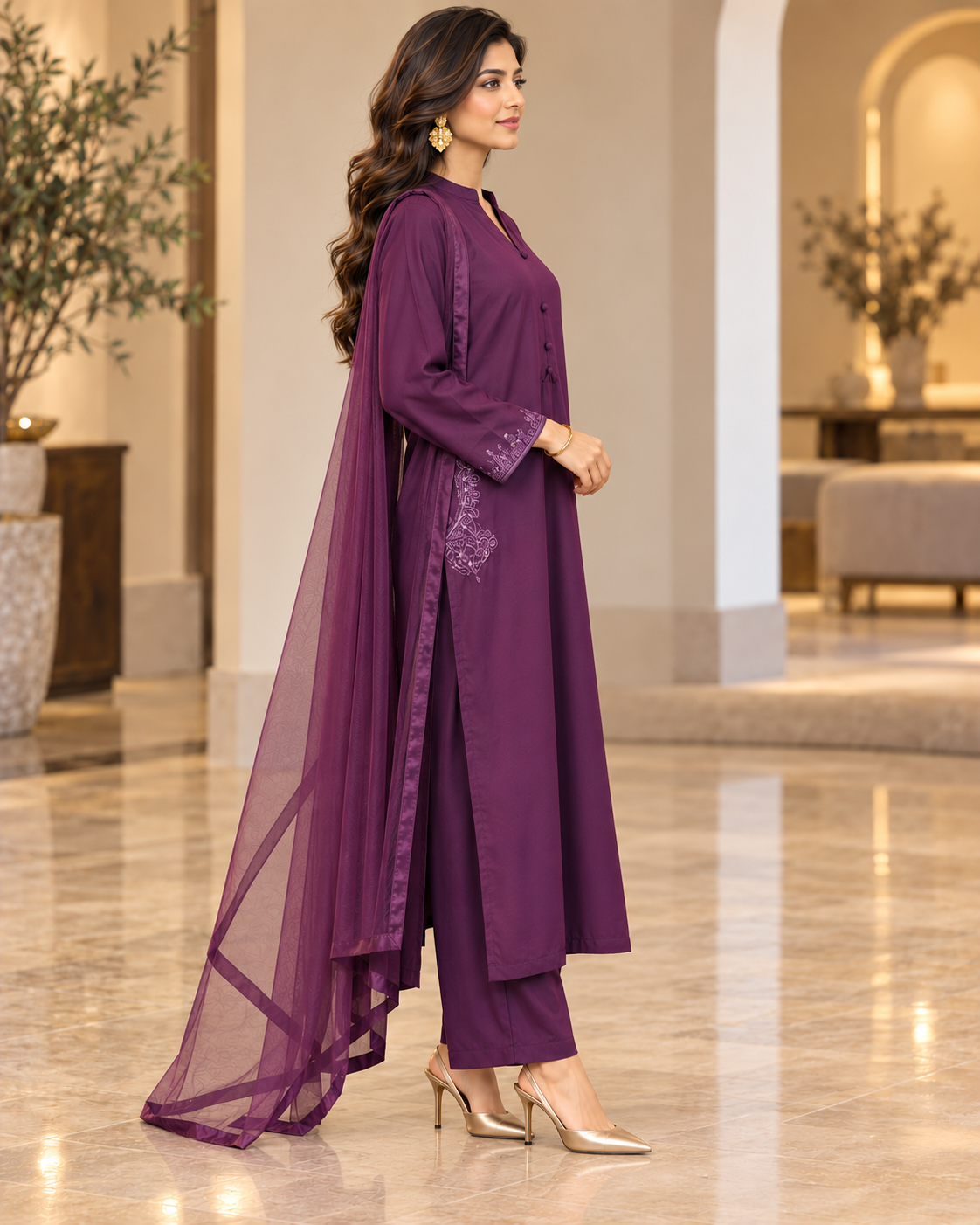 Miski Winter Essentials 3pc Plum Embroidered Linen Suit with Net Dupatta – MWE8