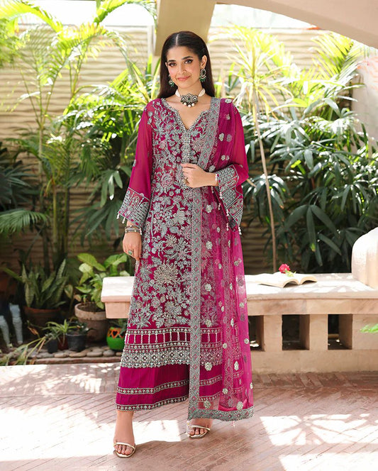 Eira 3pc Embroidered Chiffon Suit with Net Dupatta & Lehenga – Ready to Wear