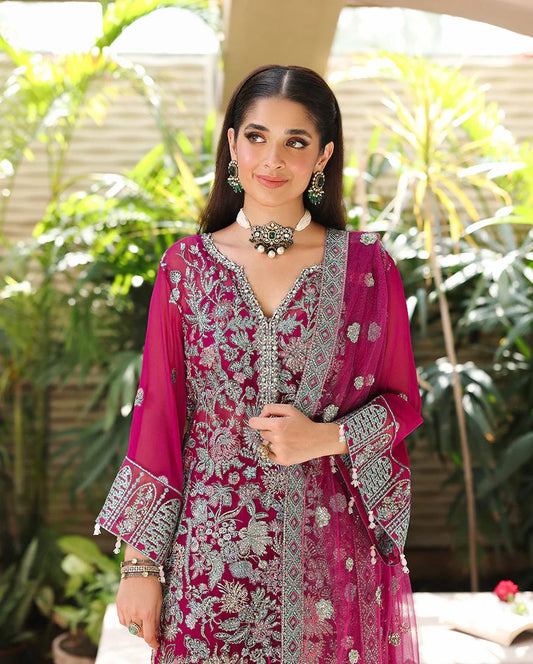 Eira 3pc Embroidered Chiffon Suit with Net Dupatta & Lehenga – Ready to Wear