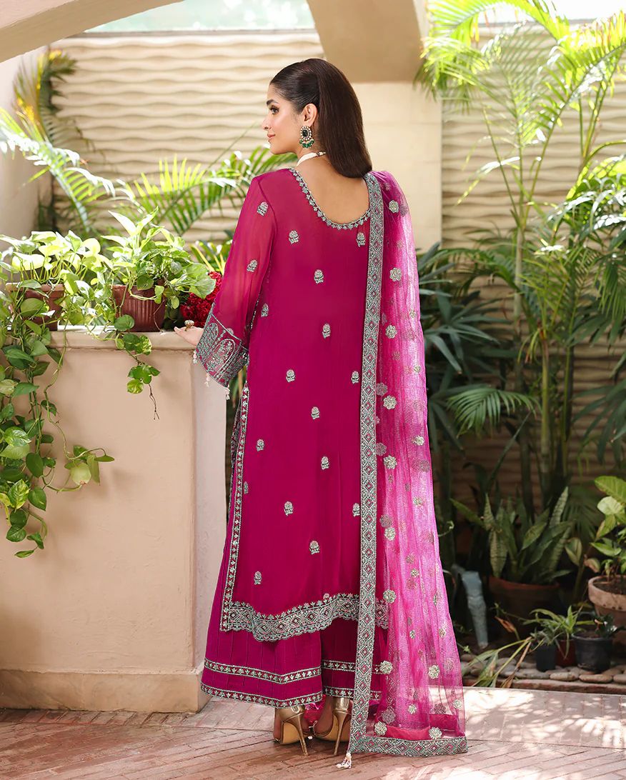 Eira 3pc Embroidered Chiffon Suit with Net Dupatta & Lehenga – Ready to Wear