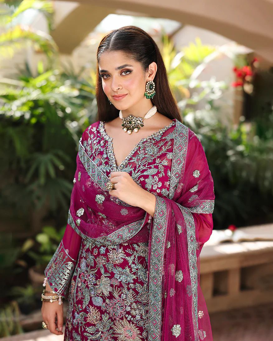 Eira 3pc Embroidered Chiffon Suit with Net Dupatta & Lehenga – Ready to Wear