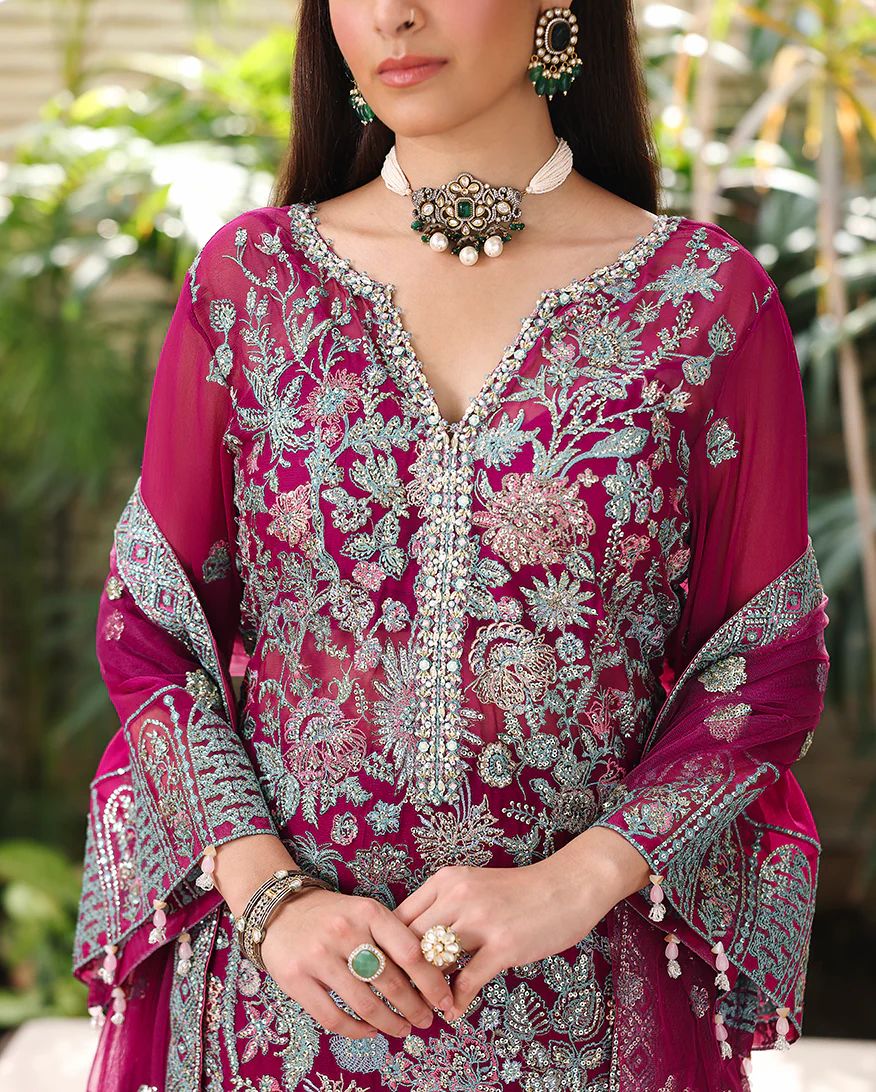 Eira 3pc Embroidered Chiffon Suit with Net Dupatta & Lehenga – Ready to Wear