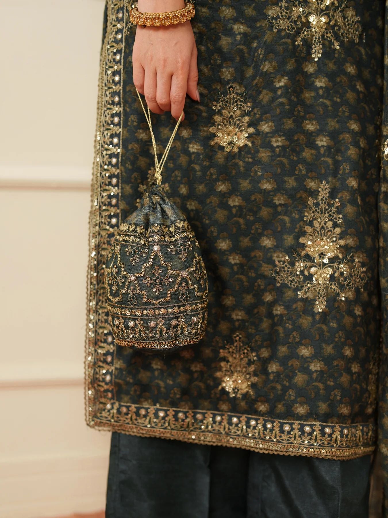 Opal Edit by Mohagni Khadi Net 3pc Set with Raw Silk Trousers & Bag FMC10