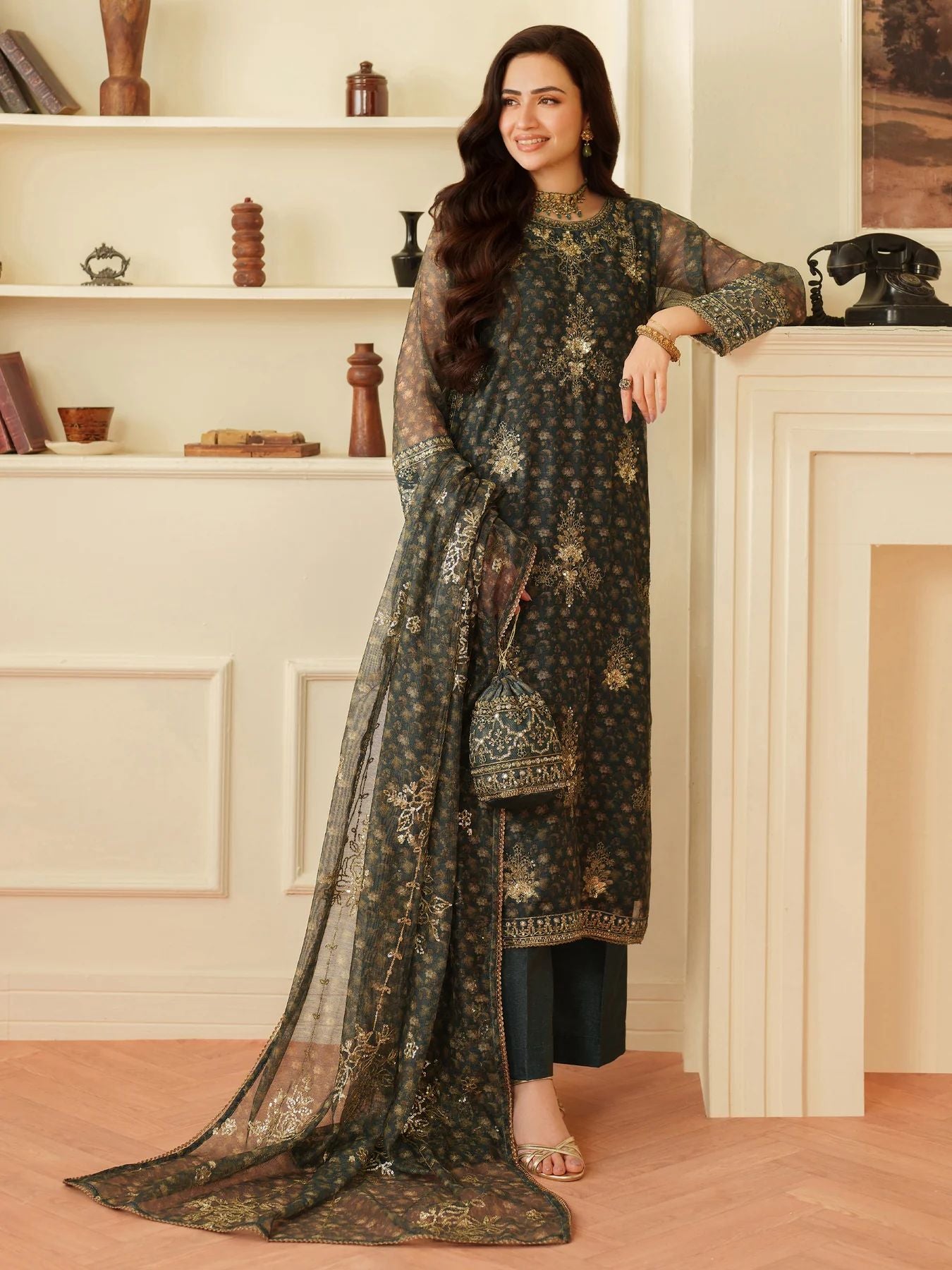 Opal Edit by Mohagni Khadi Net 3pc Set with Raw Silk Trousers & Bag FMC10