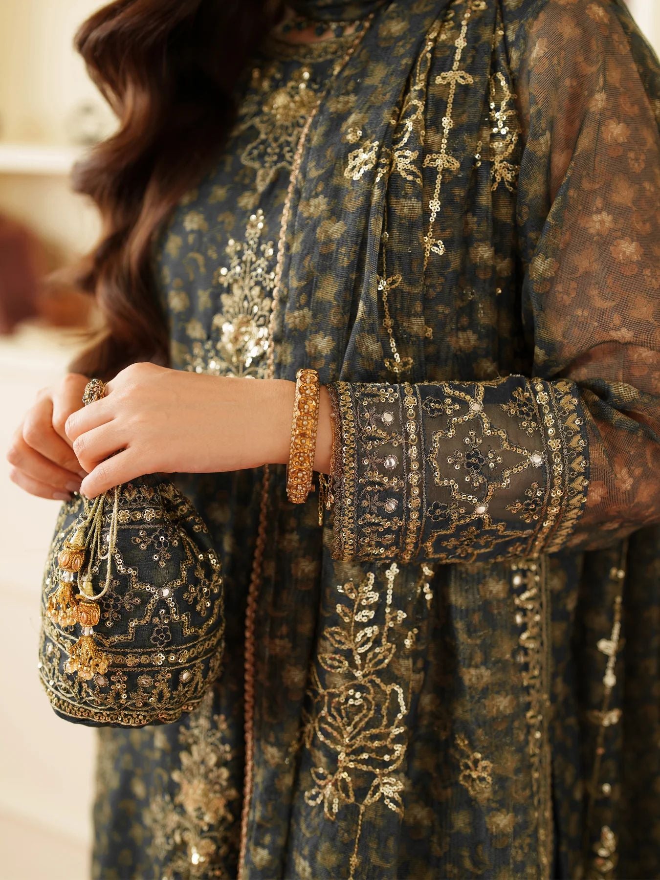 Opal Edit by Mohagni Khadi Net 3pc Set with Raw Silk Trousers & Bag FMC10