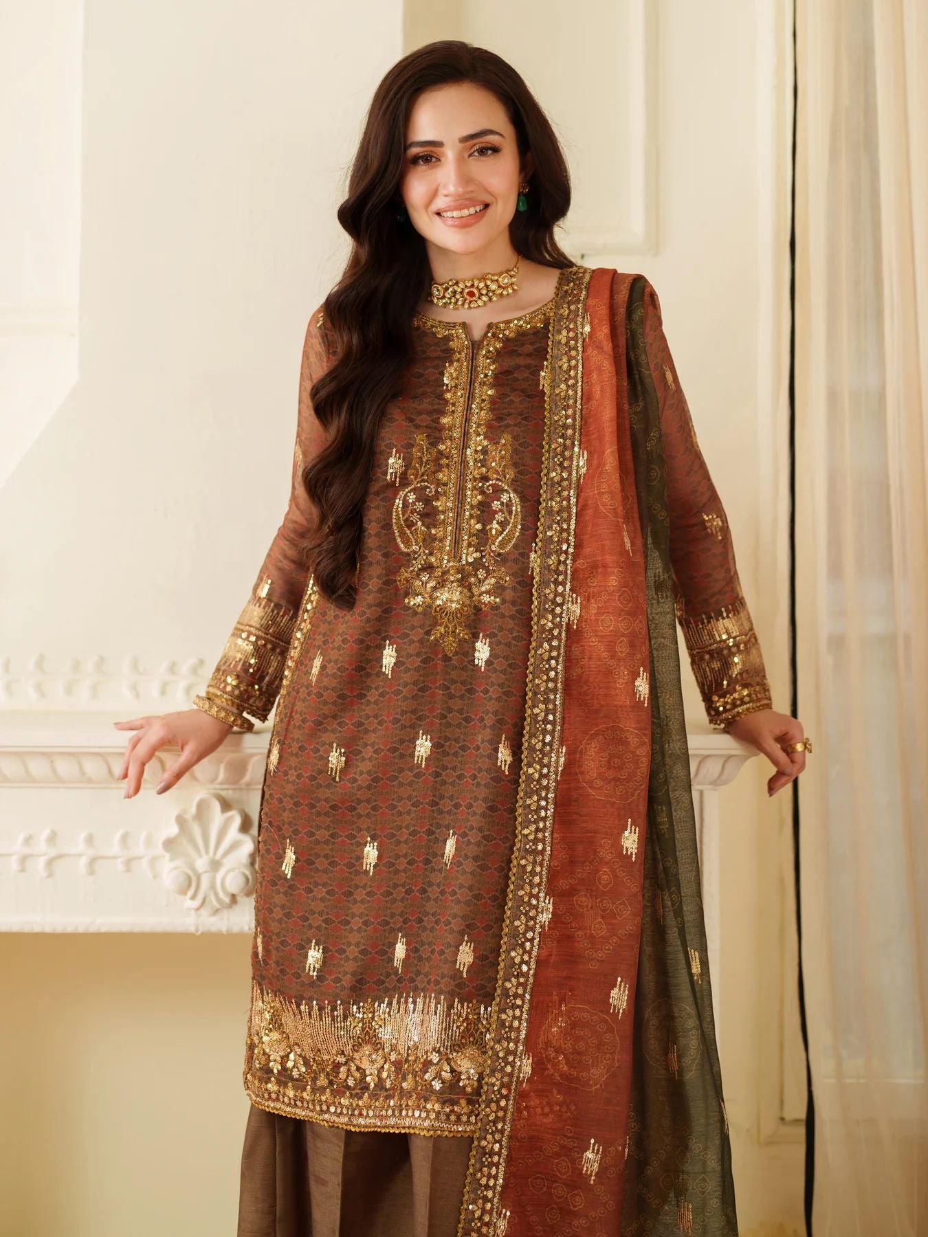 Opal Edit by Mohagni Khadi Net 3pc Dress with Plazo & Bag FMC11