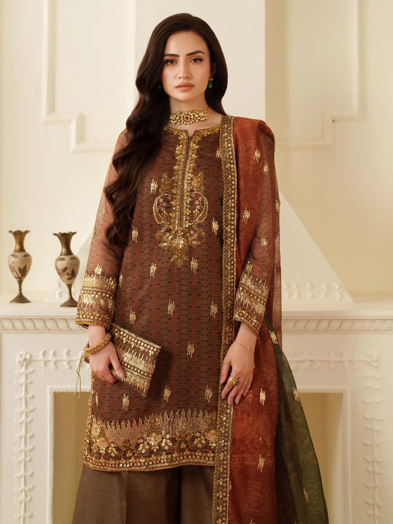 Opal Edit by Mohagni Khadi Net 3pc Dress with Plazo & Bag FMC11