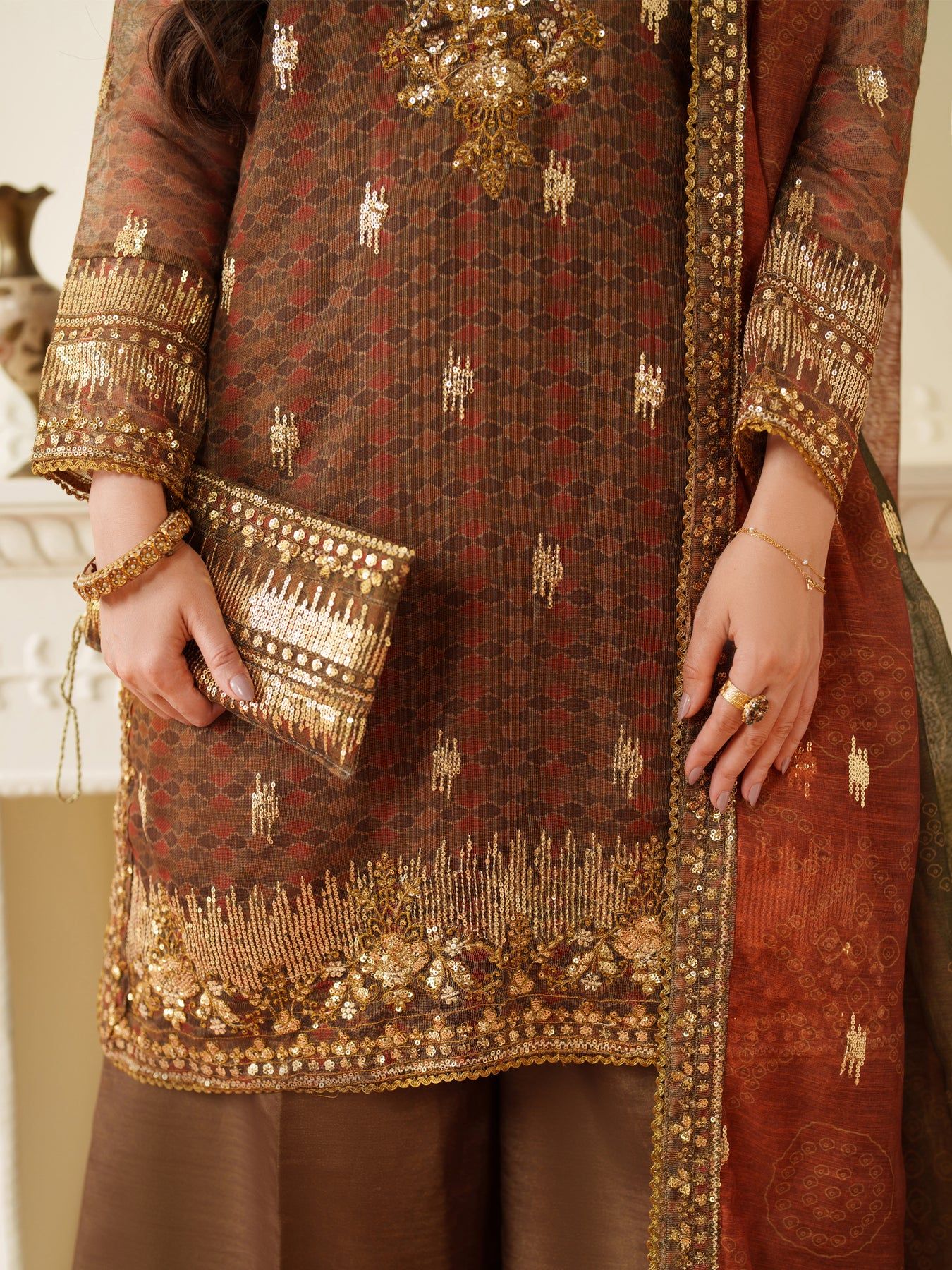 Opal Edit by Mohagni Khadi Net 3pc Dress with Plazo & Bag FMC11