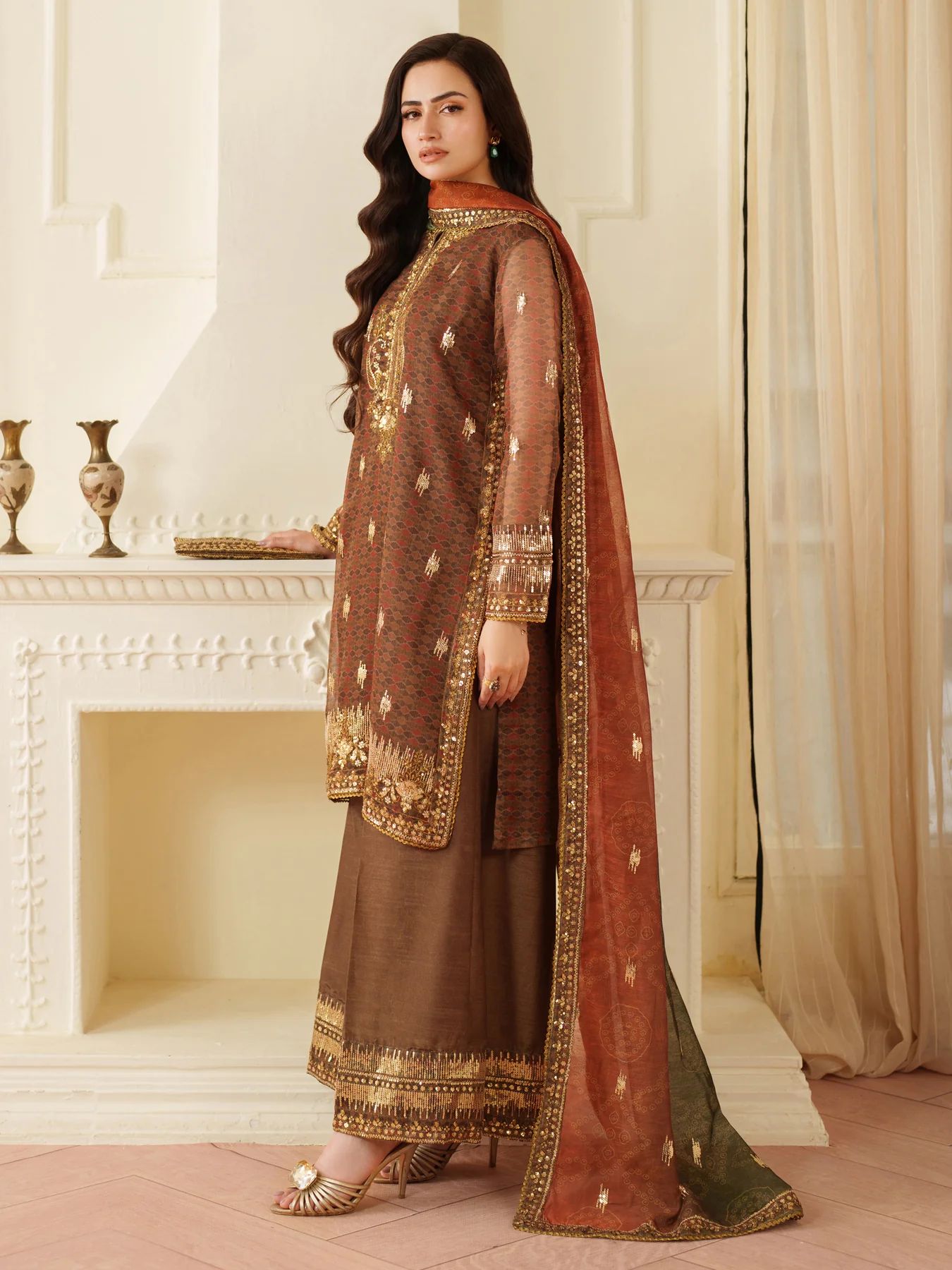 Opal Edit by Mohagni Khadi Net 3pc Dress with Plazo & Bag FMC11