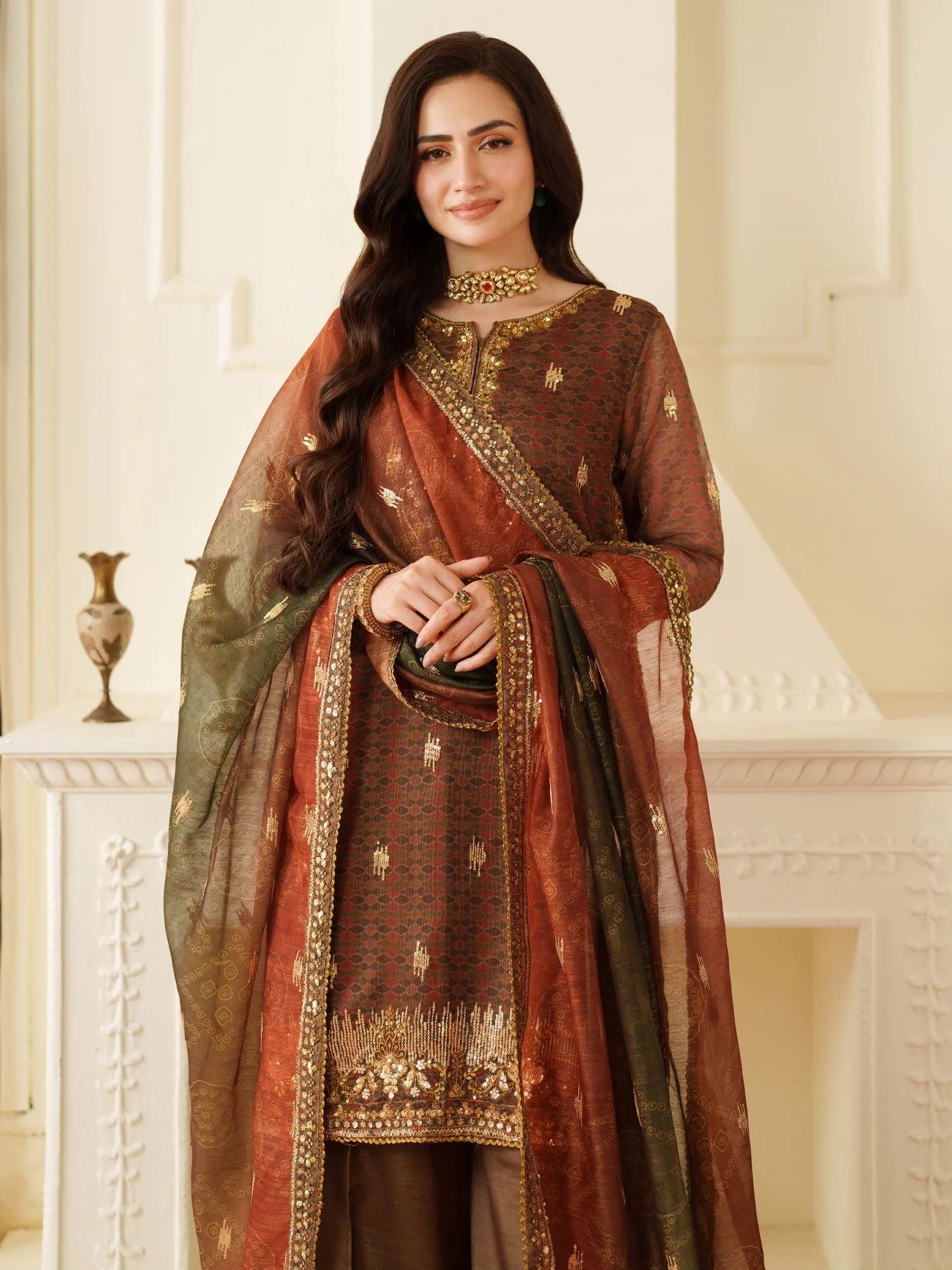 Opal Edit by Mohagni Khadi Net 3pc Dress with Plazo & Bag FMC11