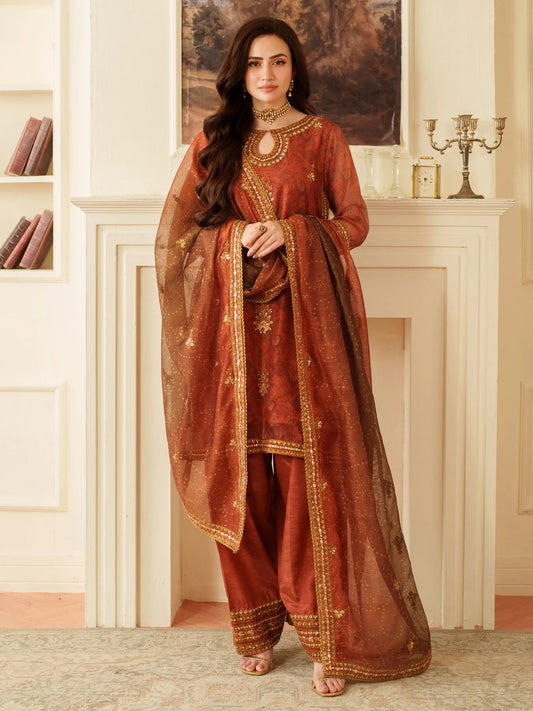 Opal Edit by Mohagni Khadi Net 3pc Suit with Farshi Shalwar & Bag FMC8