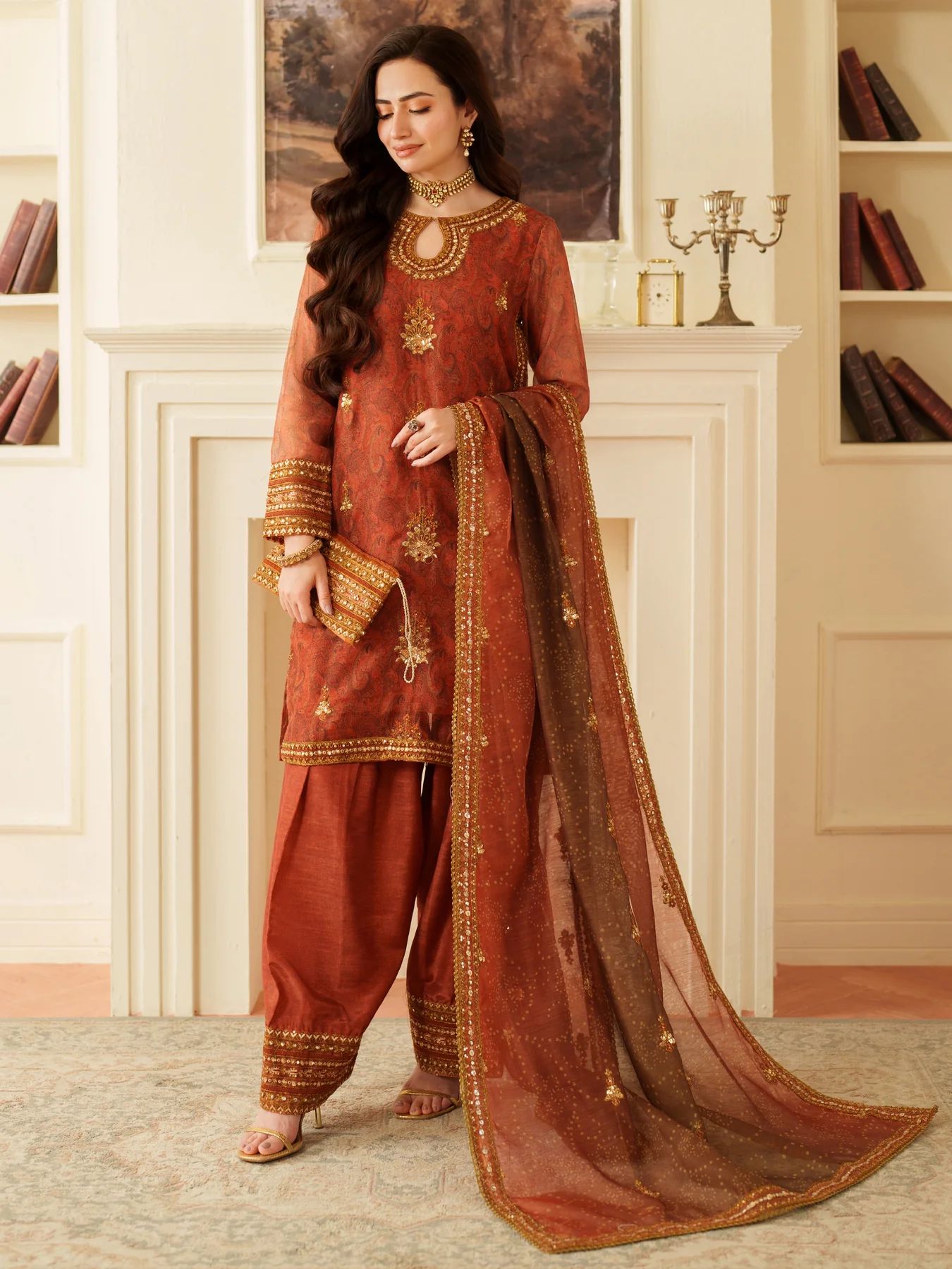 Opal Edit by Mohagni Khadi Net 3pc Suit with Farshi Shalwar & Bag FMC8