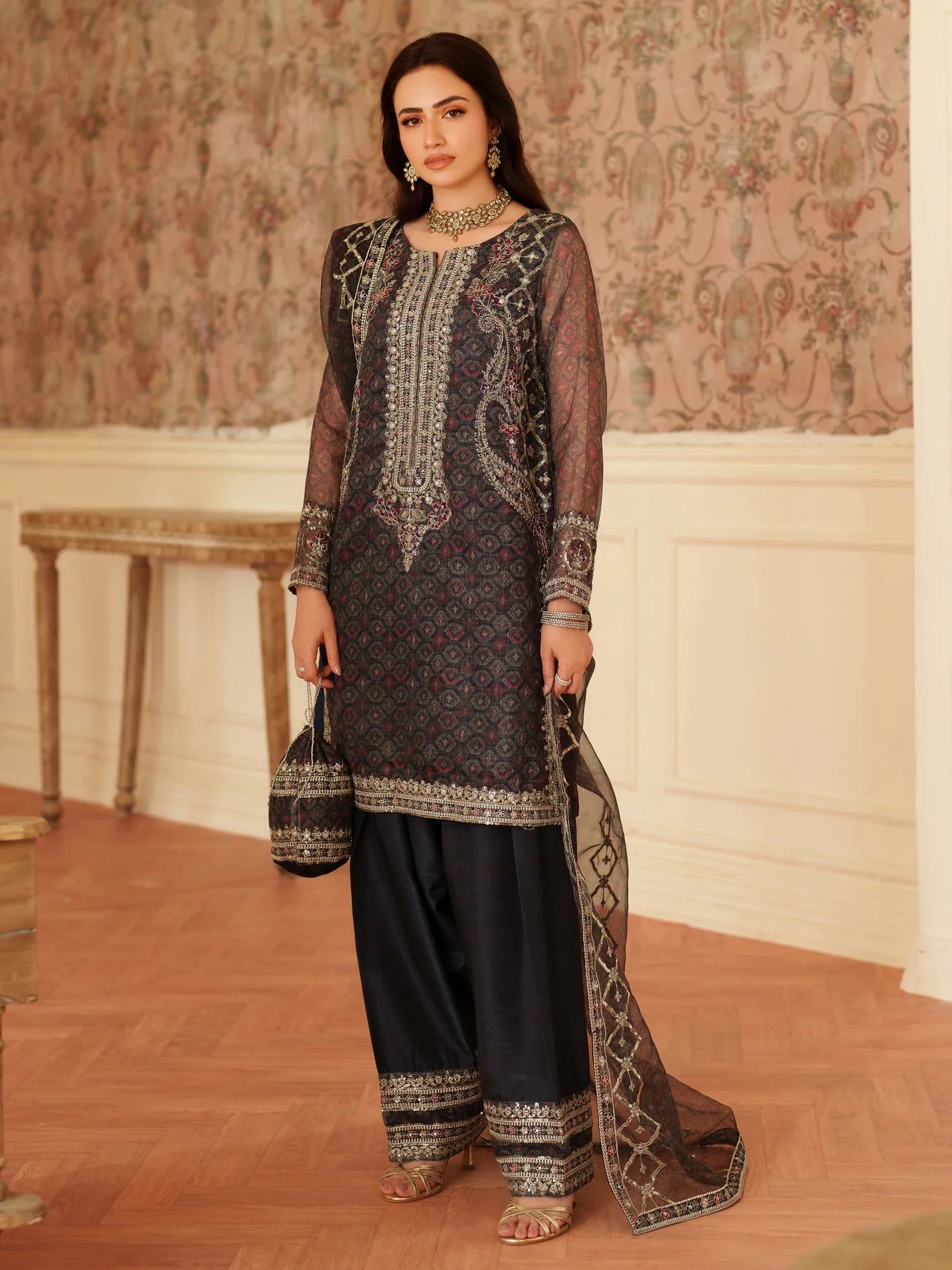 Opal Edit by Mohagni Khadi Net Suit with Farshi Shalwar & Bag FMC9