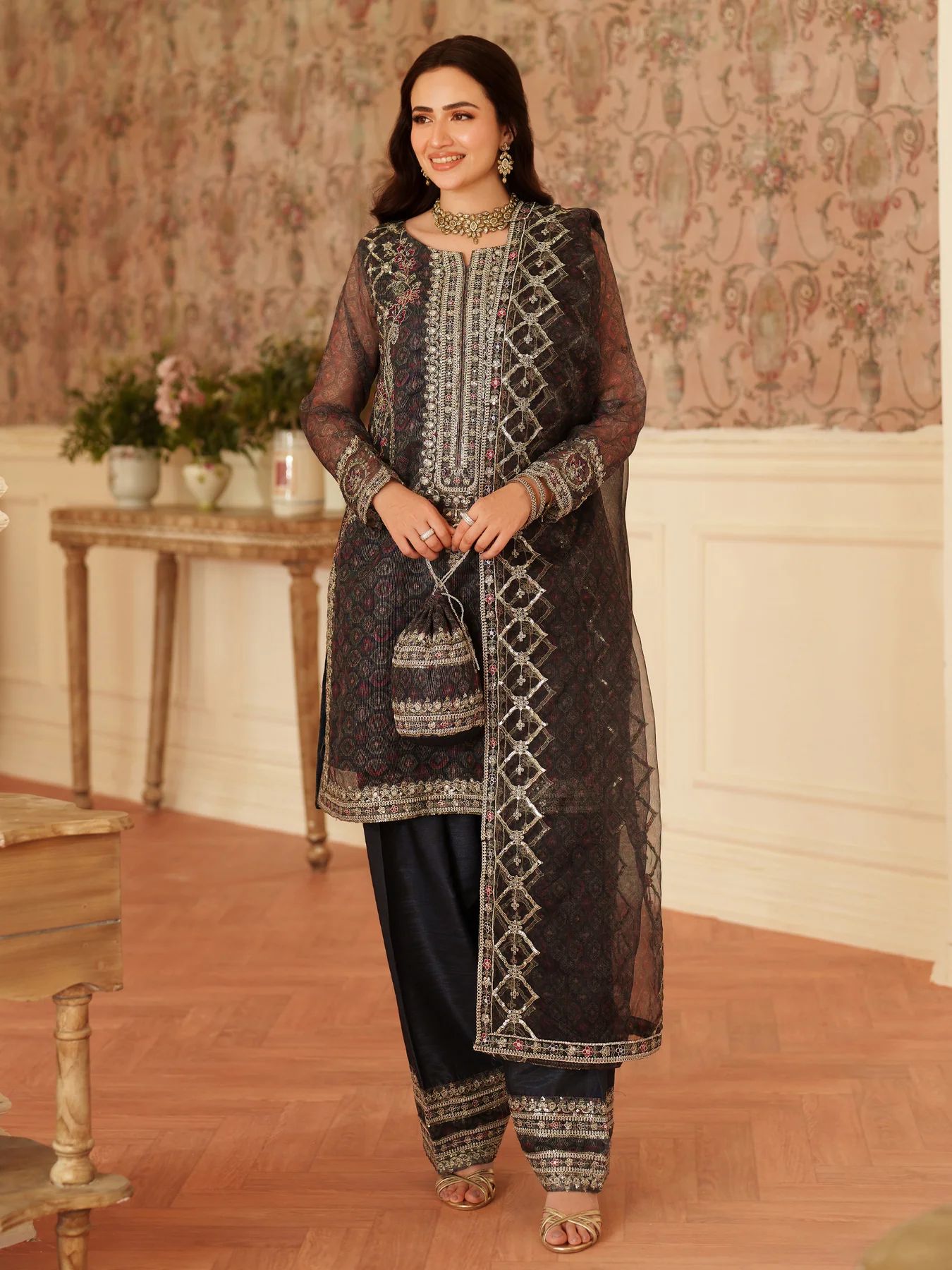 Opal Edit by Mohagni Khadi Net Suit with Farshi Shalwar & Bag FMC9