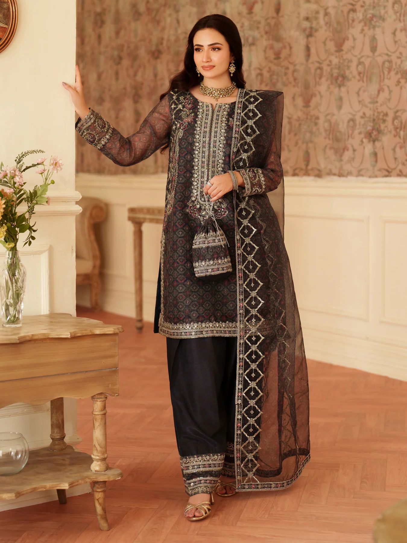 Opal Edit by Mohagni Khadi Net Suit with Farshi Shalwar & Bag FMC9