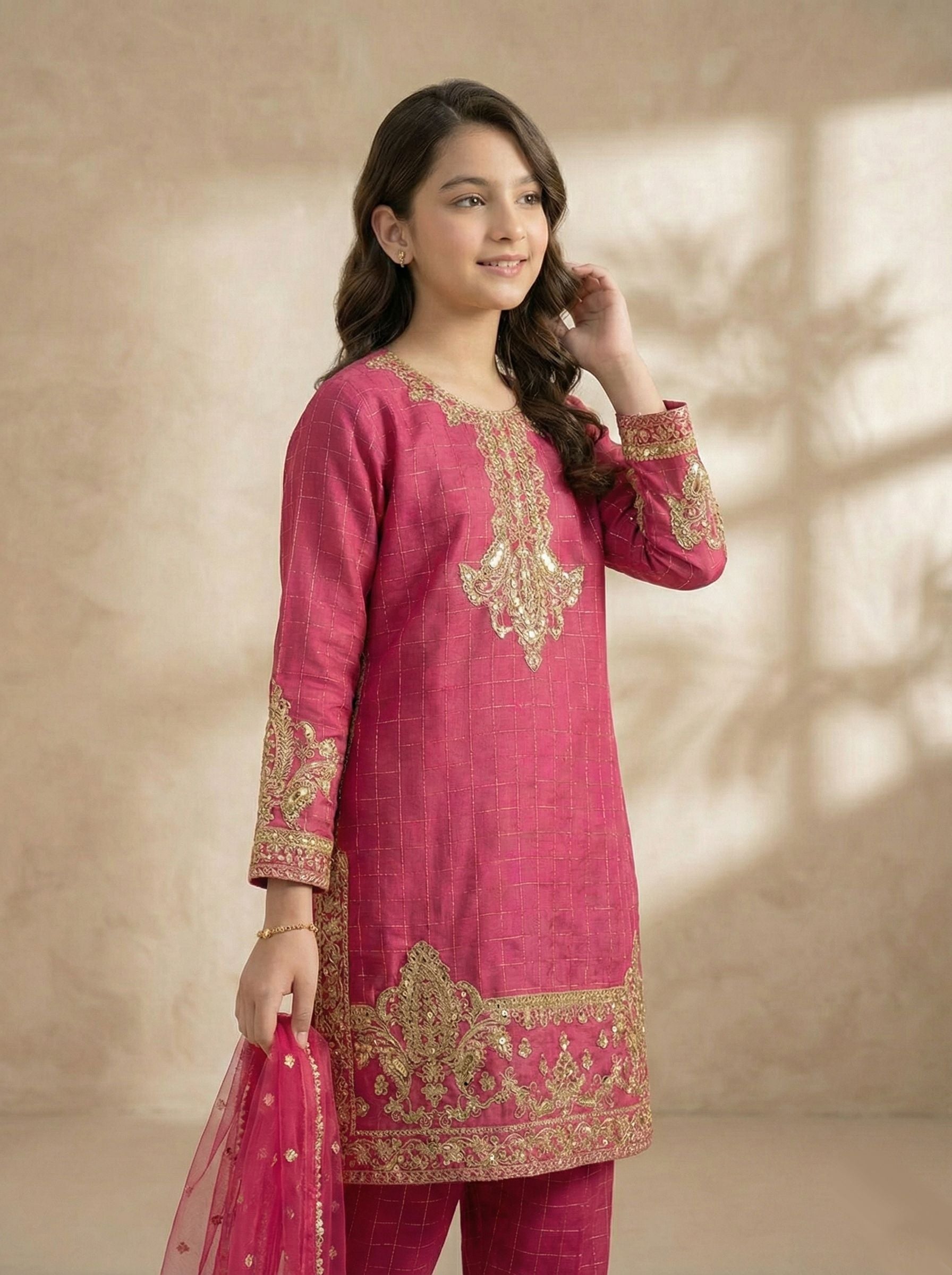 SM3 Sitara by Mohagni Girls Zari Embroidered Raw Silk Suit