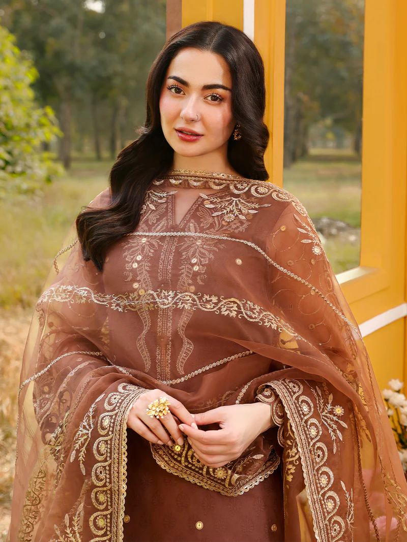 Hania’s Eid Twinning Charm by Mona – Chocolate Chikankari Sharara Suit HEC14