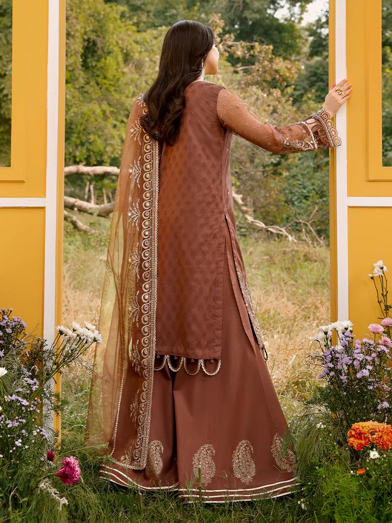 Hania’s Eid Twinning Charm by Mona – Chocolate Chikankari Sharara Suit HEC14
