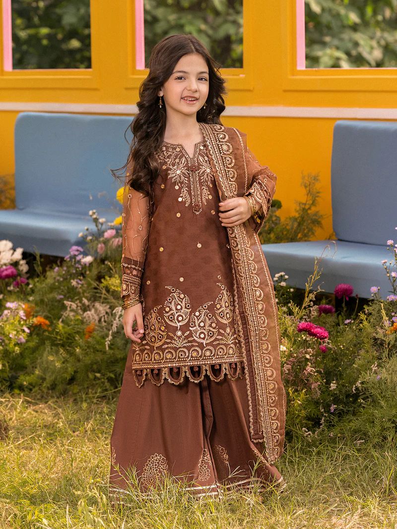 Hania’s Eid Twinning Charm by Mona – Chocolate Chikankari Sharara Suit HEC14