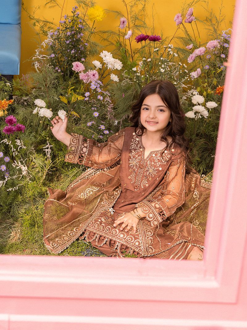 Hania’s Eid Twinning Charm by Mona – Chocolate Chikankari Sharara Suit HEC14