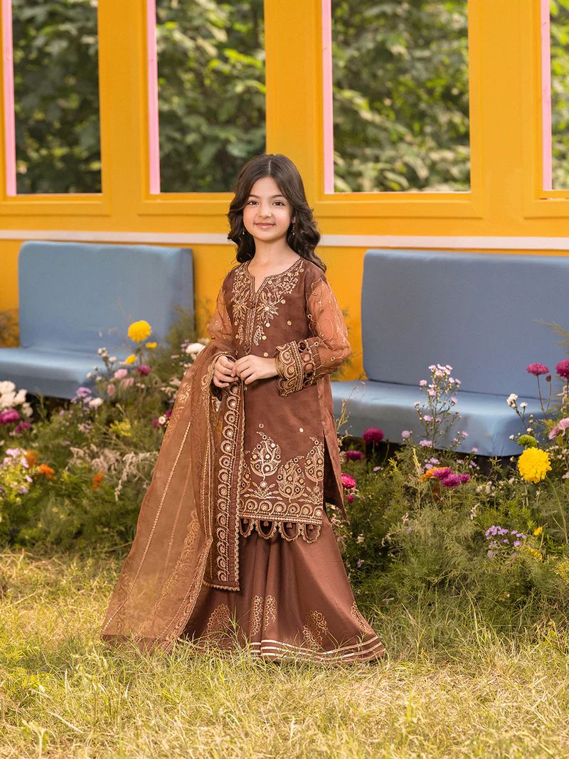 Hania’s Eid Twinning Charm by Mona – Chocolate Chikankari Sharara Suit HEC14