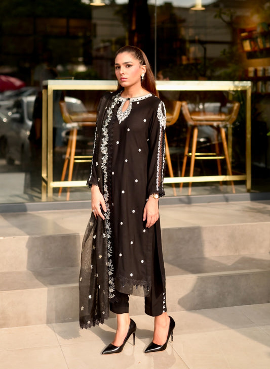 3pc Karandi Embroidered Black Dress by Mona AX1