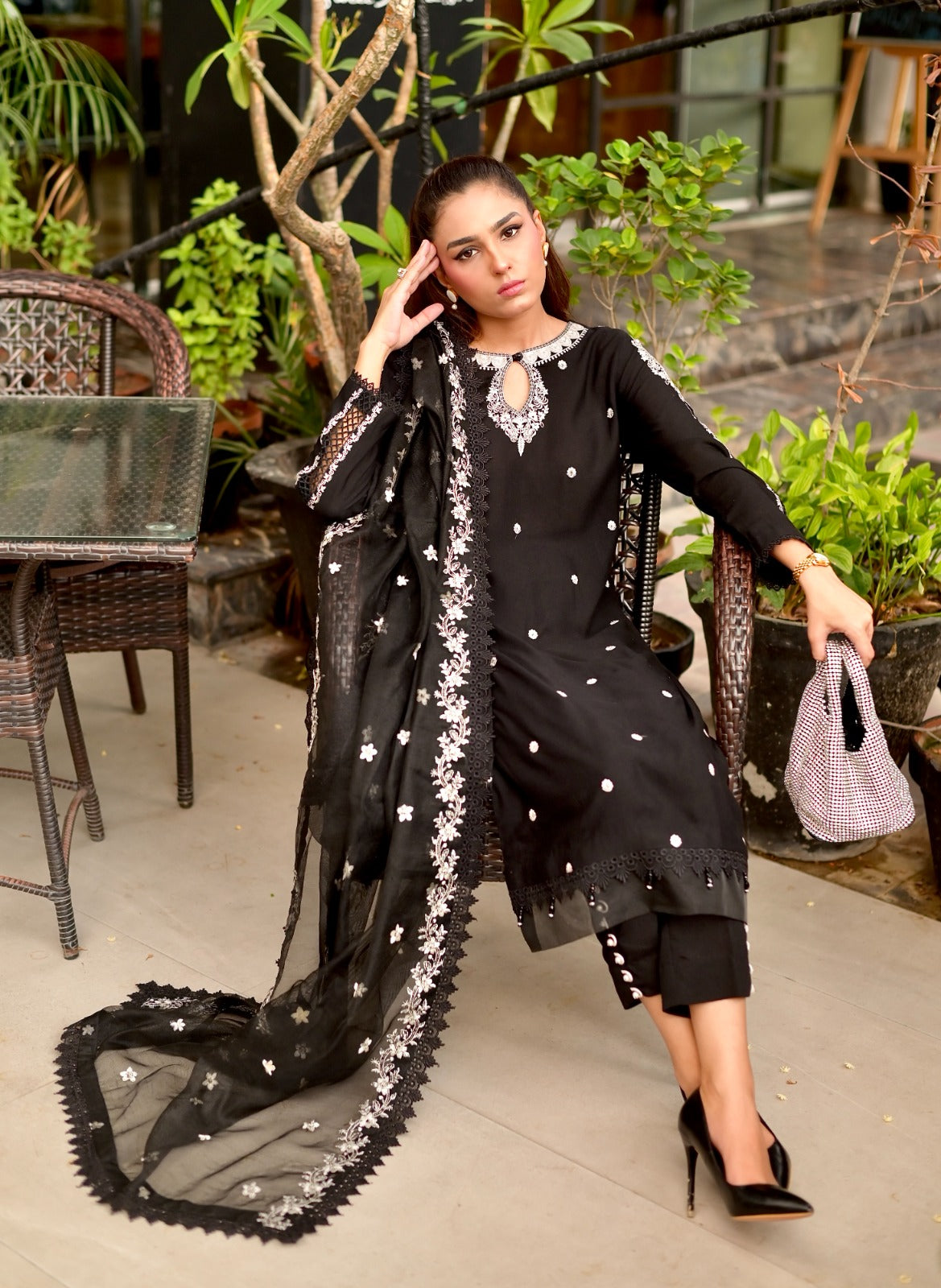 3pc Karandi Embroidered Black Dress by Mona AX1