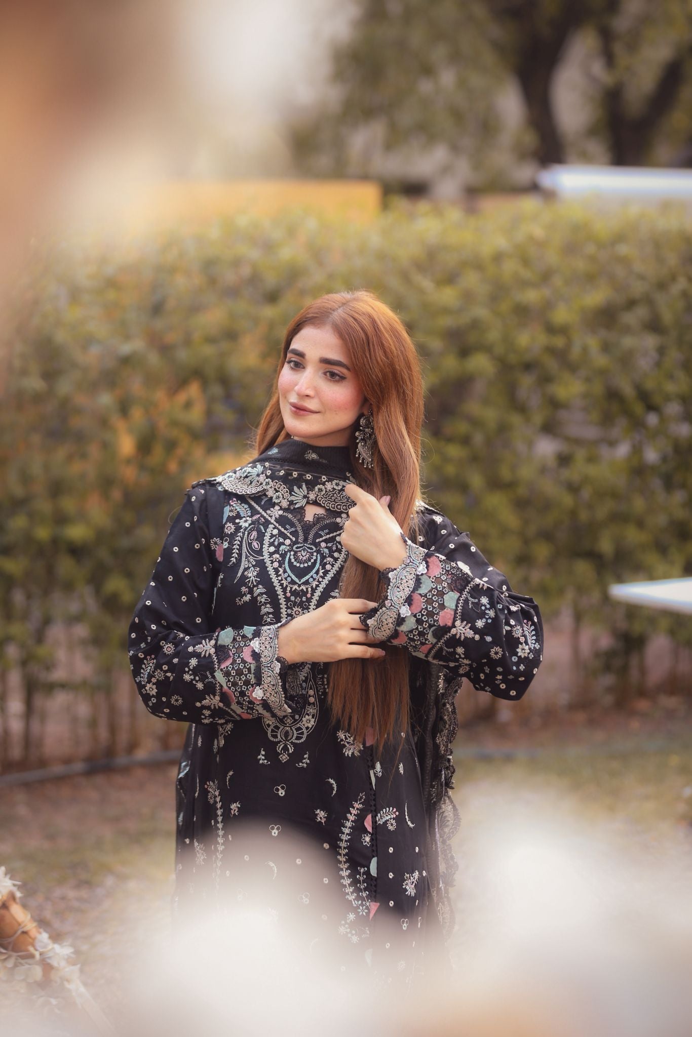 Black 3PC Embroidered Cotton Suit with Organza Dupatta by MONA AX32