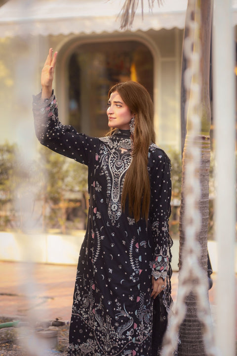 Black 3PC Embroidered Cotton Suit with Organza Dupatta by MONA AX32