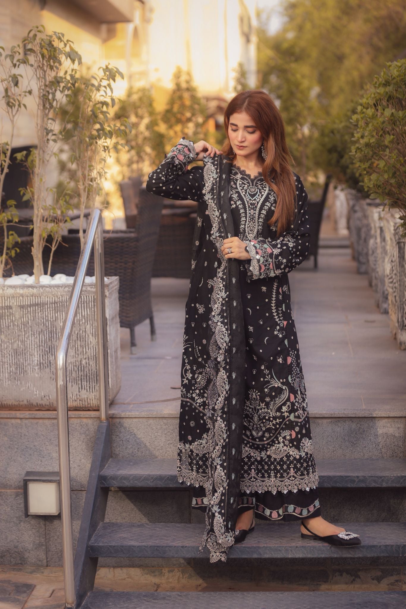 Black 3PC Embroidered Cotton Suit with Organza Dupatta by MONA AX32