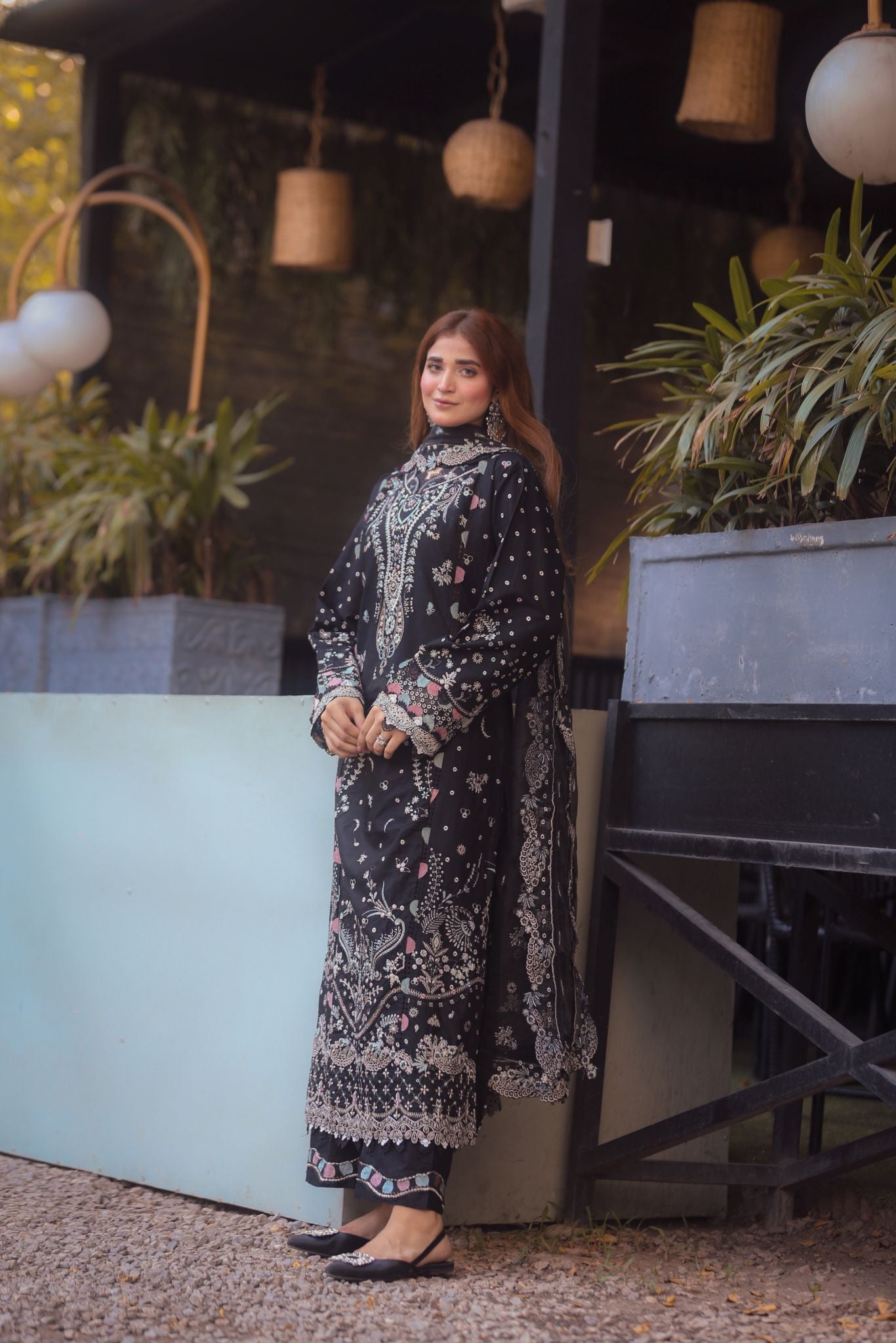 Black 3PC Embroidered Cotton Suit with Organza Dupatta by MONA AX32