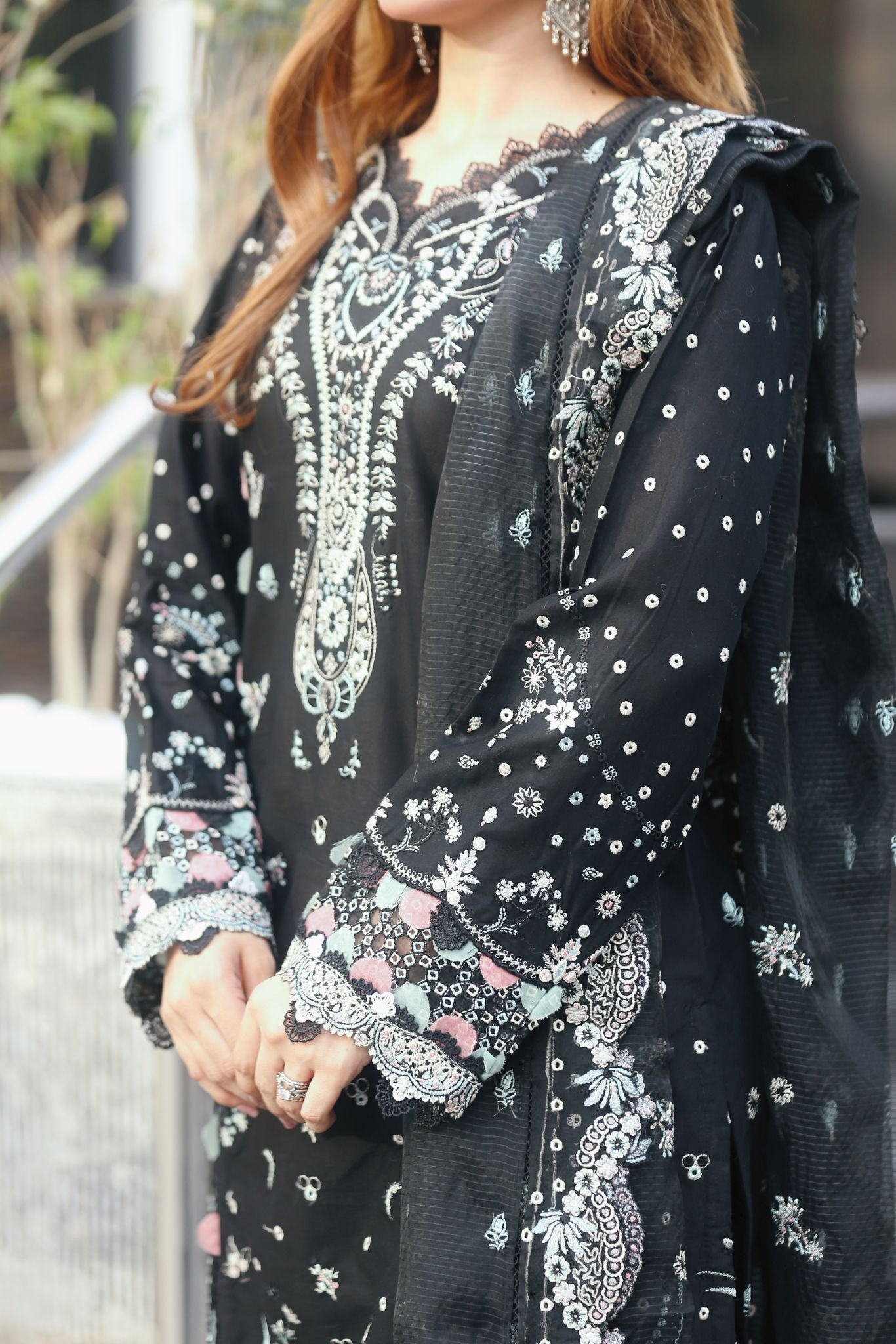 Black 3PC Embroidered Cotton Suit with Organza Dupatta by MONA AX32