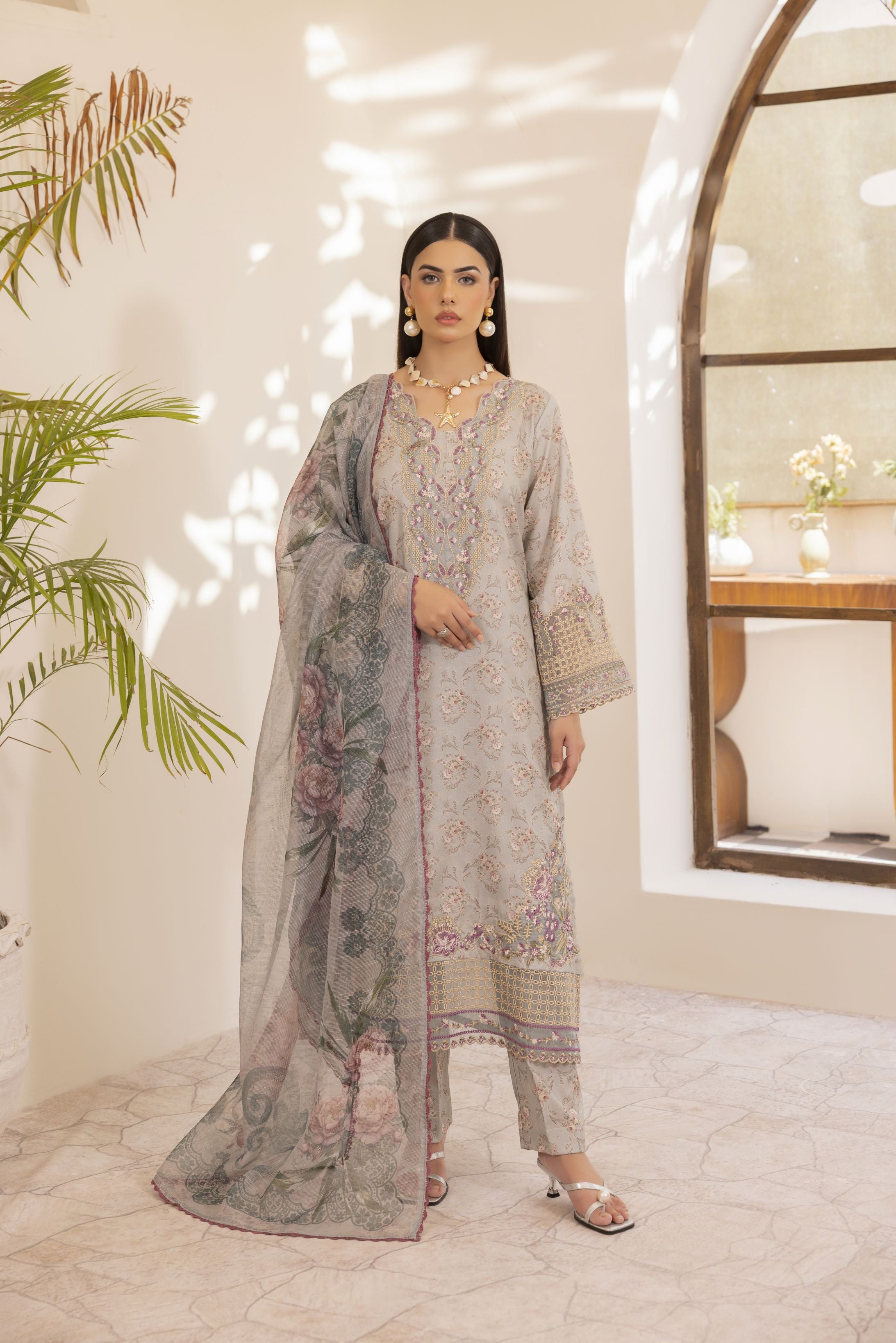 Mohagni Ready to Wear Embroidered Lawn 3pc Suit with Printed Dupatta SLM1