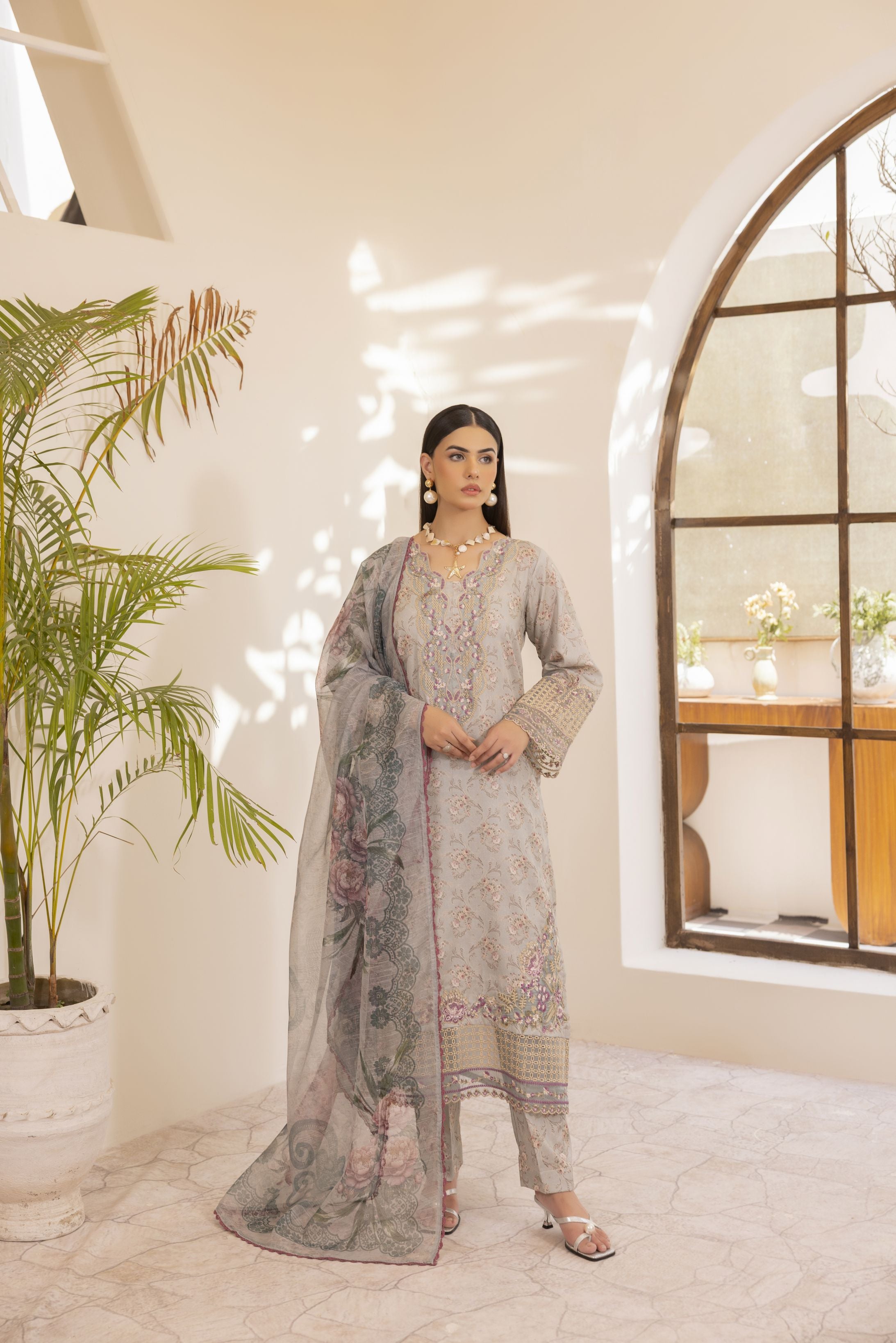 Mohagni Ready to Wear Embroidered Lawn 3pc Suit with Printed Dupatta SLM1