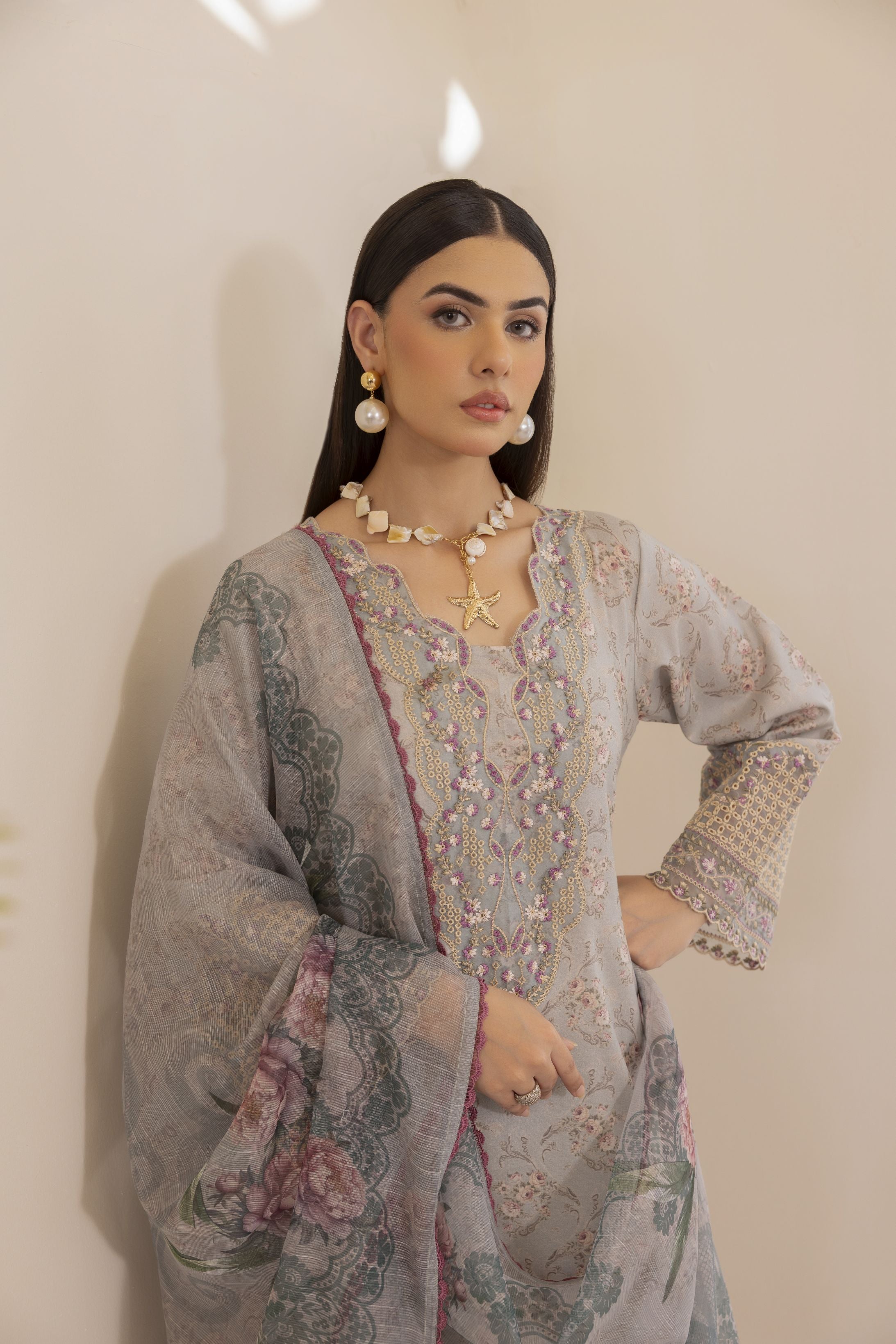 Mohagni Ready to Wear Embroidered Lawn 3pc Suit with Printed Dupatta SLM1
