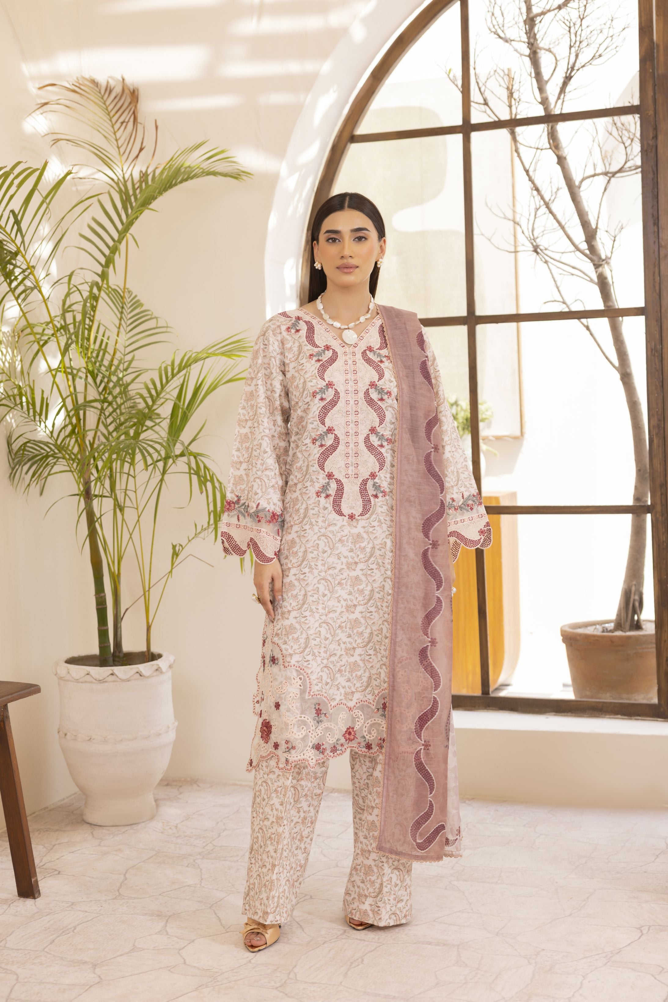 Mohagni Ready to Wear Embroidered Lawn 3pc Suit in Pink Tones SLM3