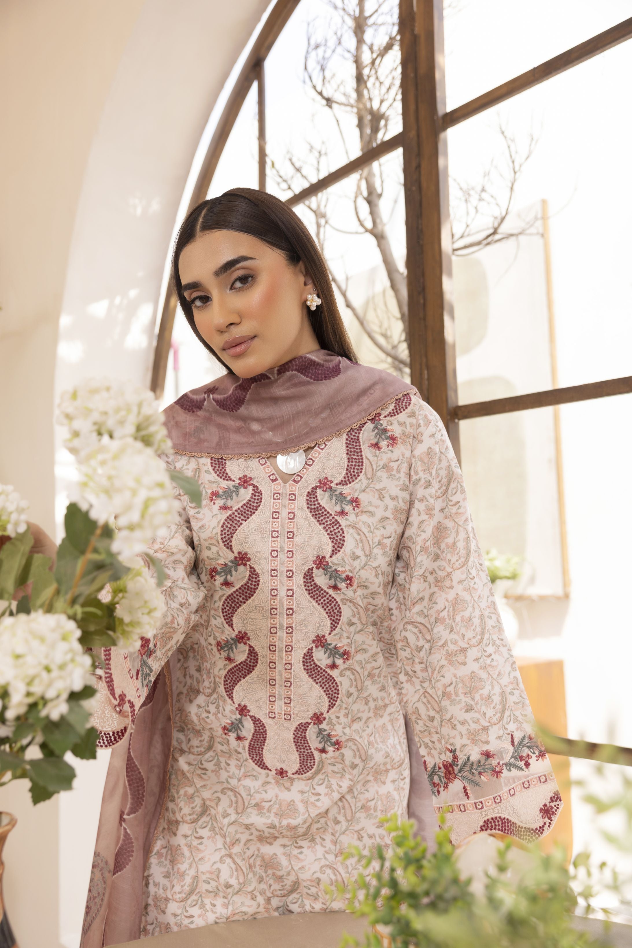 Mohagni Ready to Wear Embroidered Lawn 3pc Suit in Pink Tones SLM3