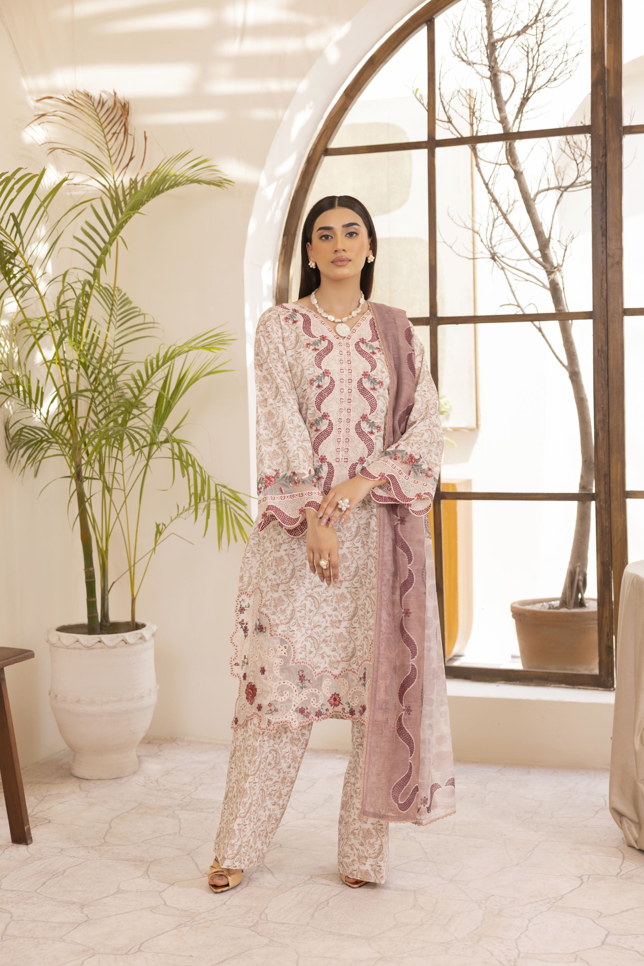 Mohagni Ready to Wear Embroidered Lawn 3pc Suit in Pink Tones SLM3