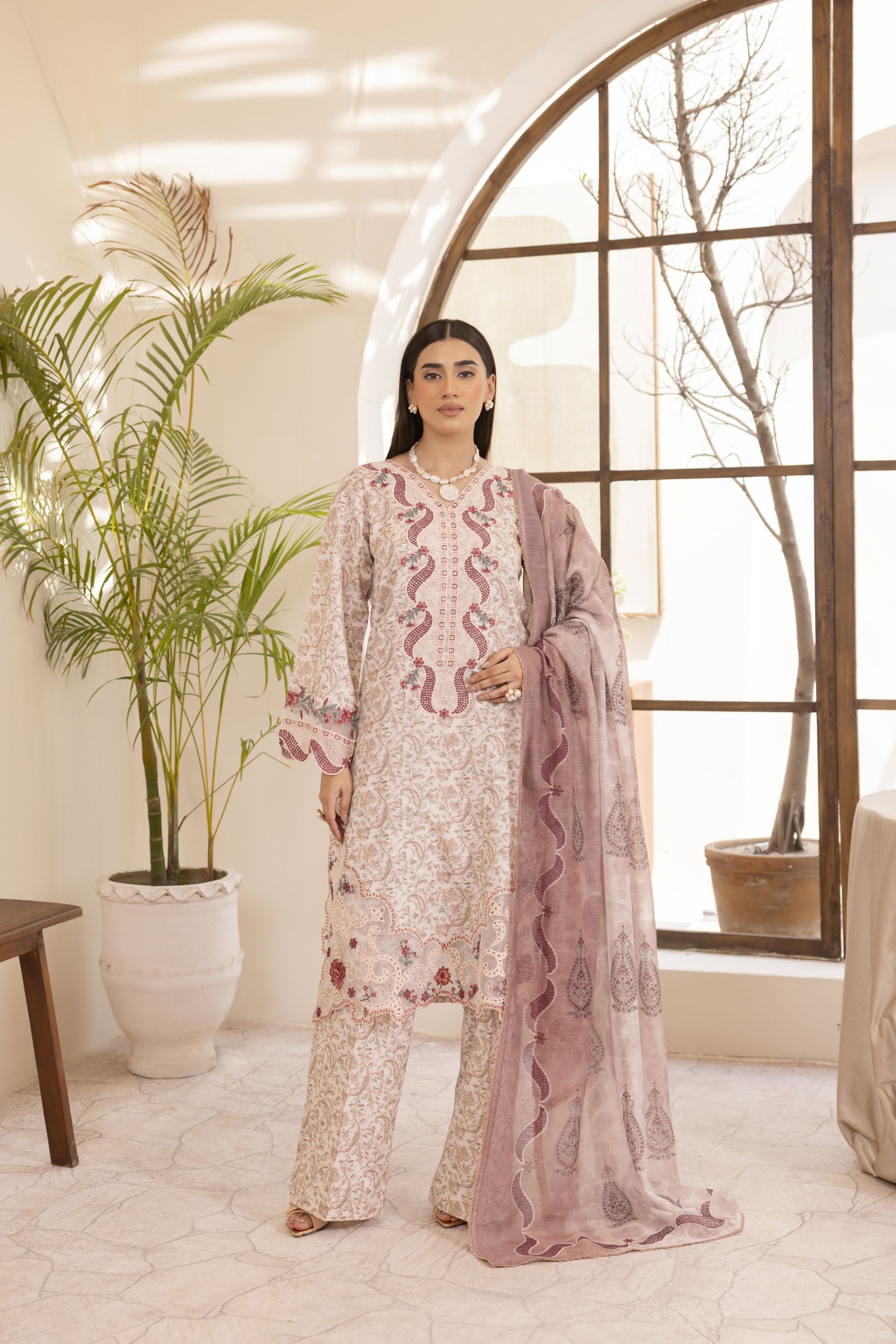 Mohagni Ready to Wear Embroidered Lawn 3pc Suit in Pink Tones SLM3