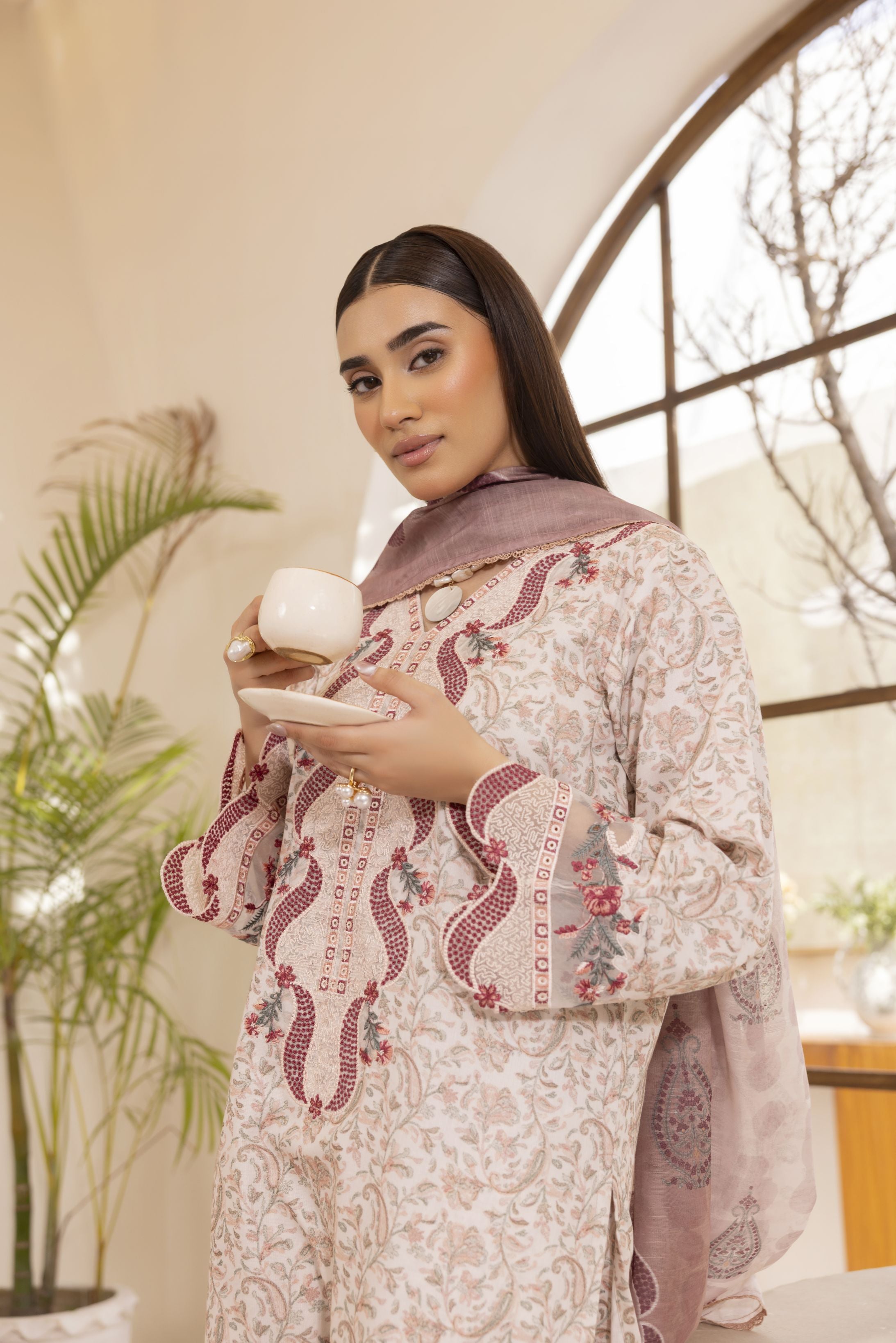 Mohagni Ready to Wear Embroidered Lawn 3pc Suit in Pink Tones SLM3