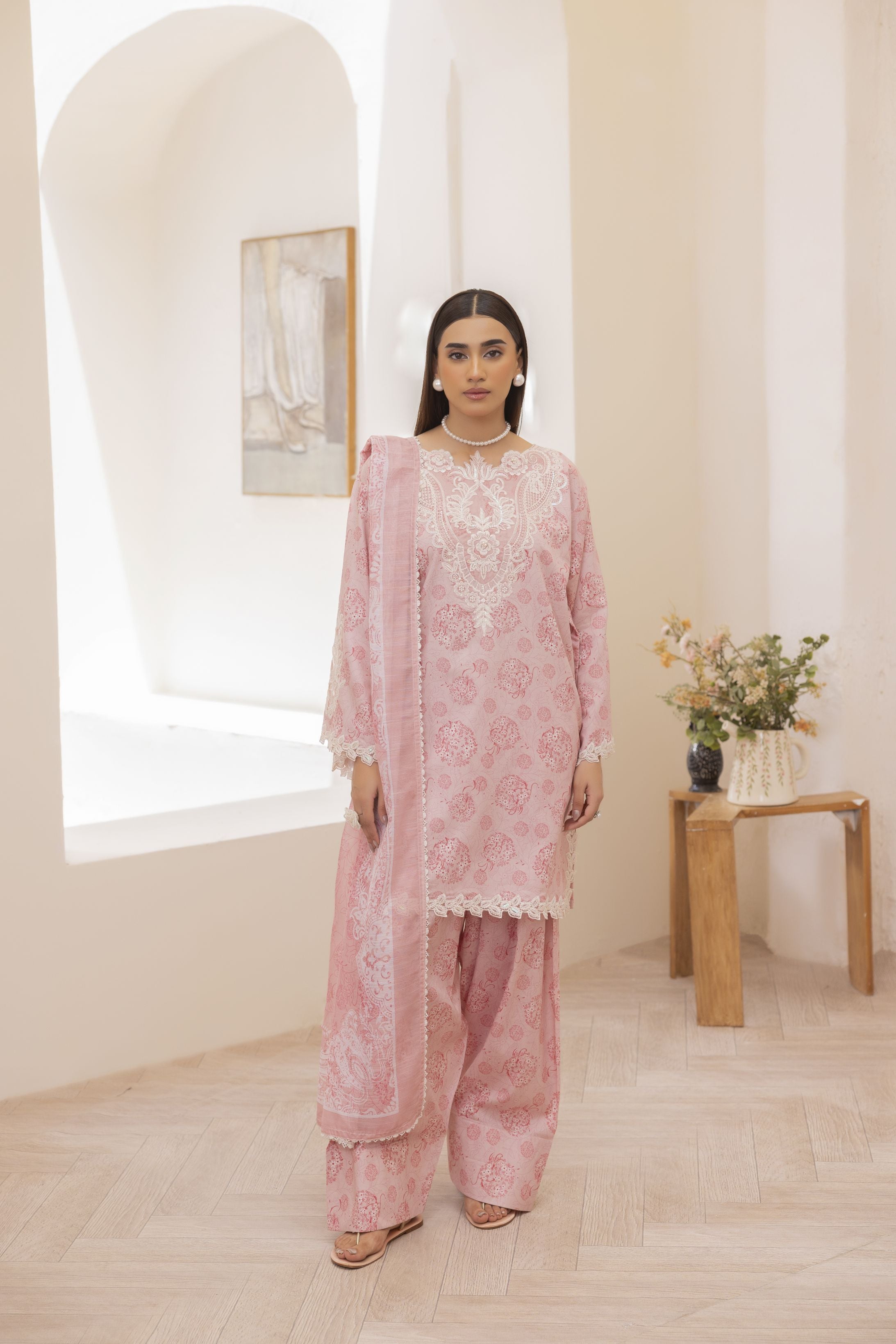 Mohagni Ready to Wear Embroidered Lawn 3pc Farhi Shalwar Suit in Soft Pink SLM5