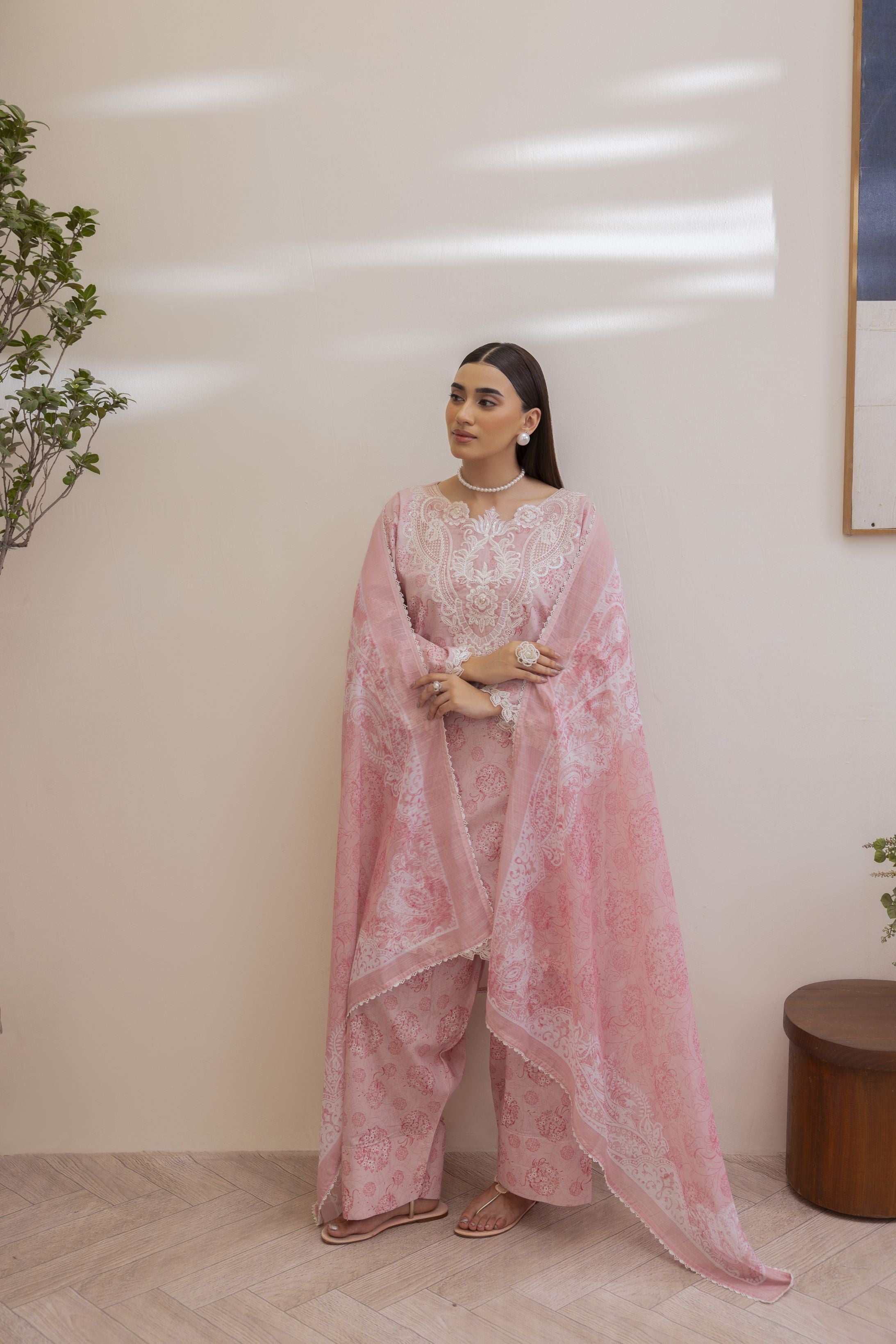 Mohagni Ready to Wear Embroidered Lawn 3pc Farhi Shalwar Suit in Soft Pink SLM5