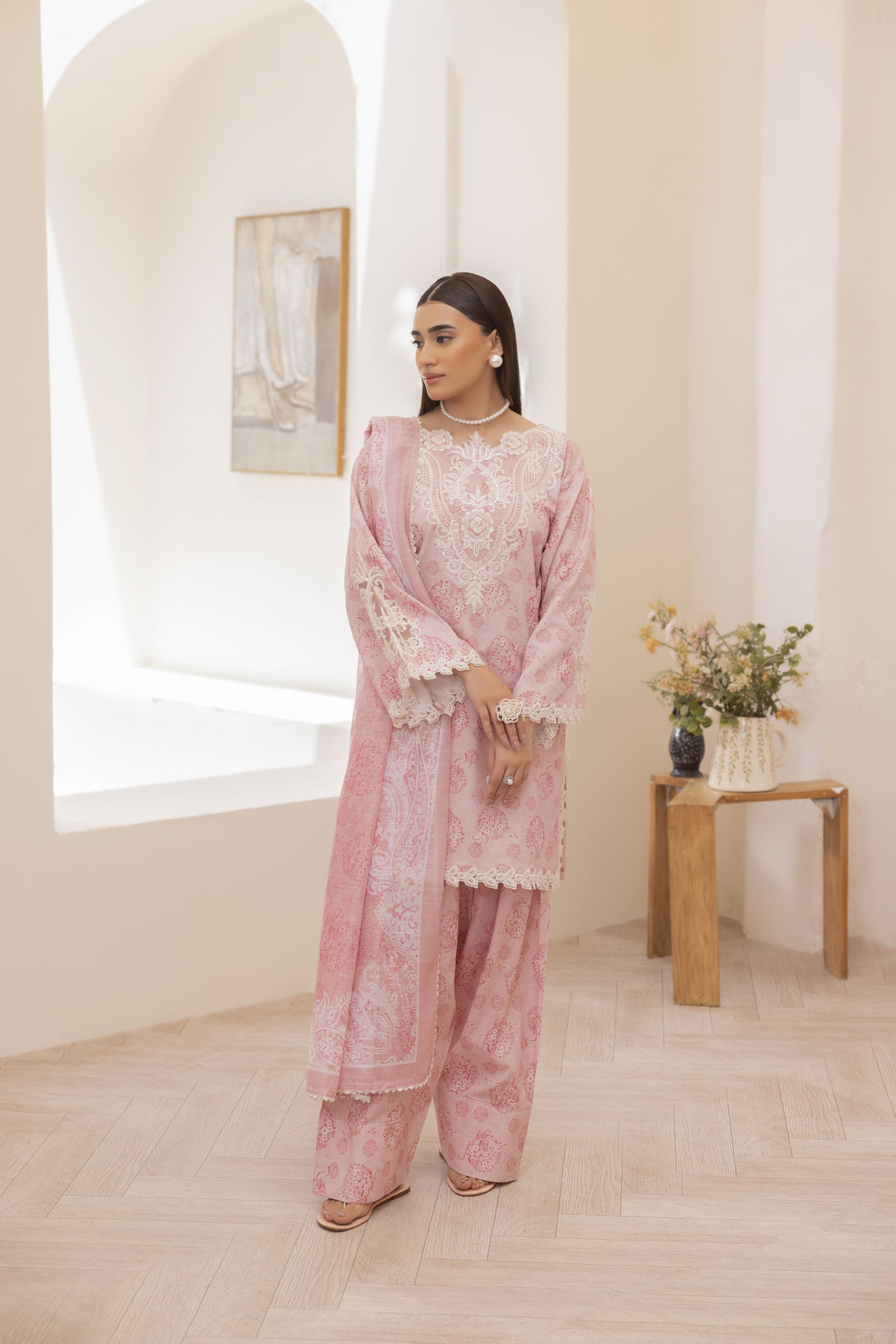 Mohagni Ready to Wear Embroidered Lawn 3pc Farhi Shalwar Suit in Soft Pink SLM5