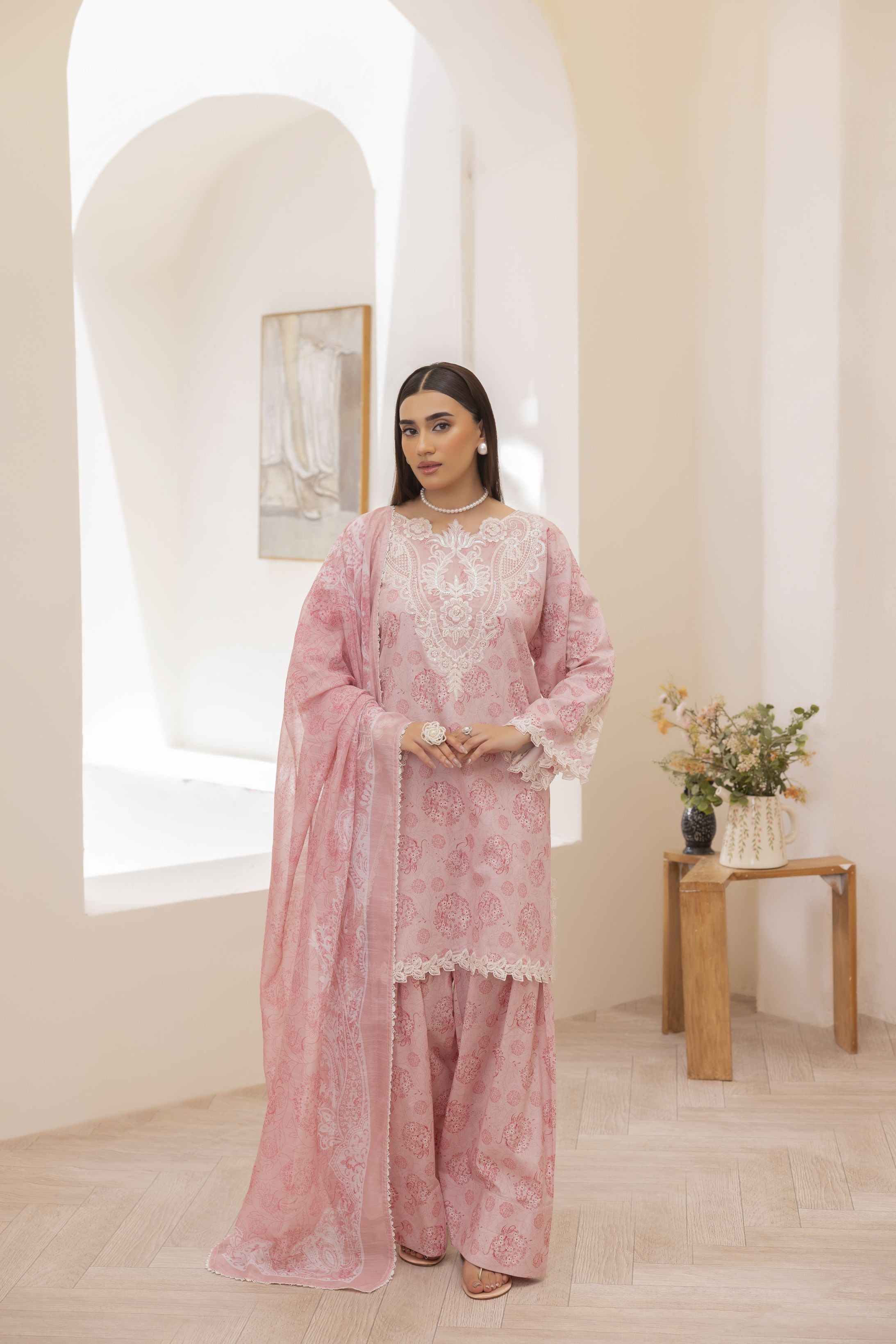 Mohagni Ready to Wear Embroidered Lawn 3pc Farhi Shalwar Suit in Soft Pink SLM5