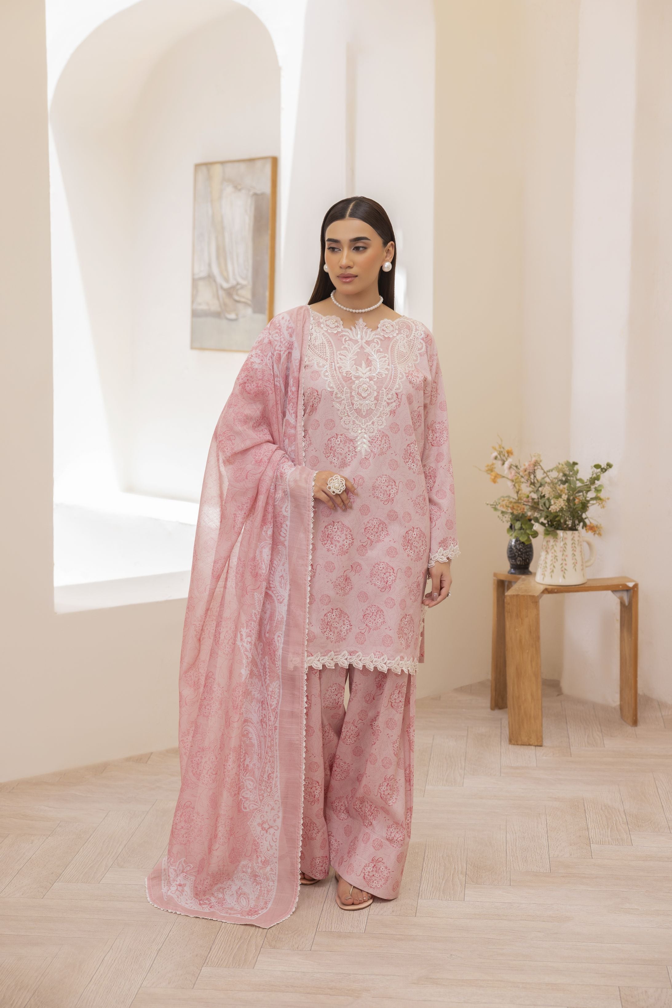 Mohagni Ready to Wear Embroidered Lawn 3pc Farhi Shalwar Suit in Soft Pink SLM5